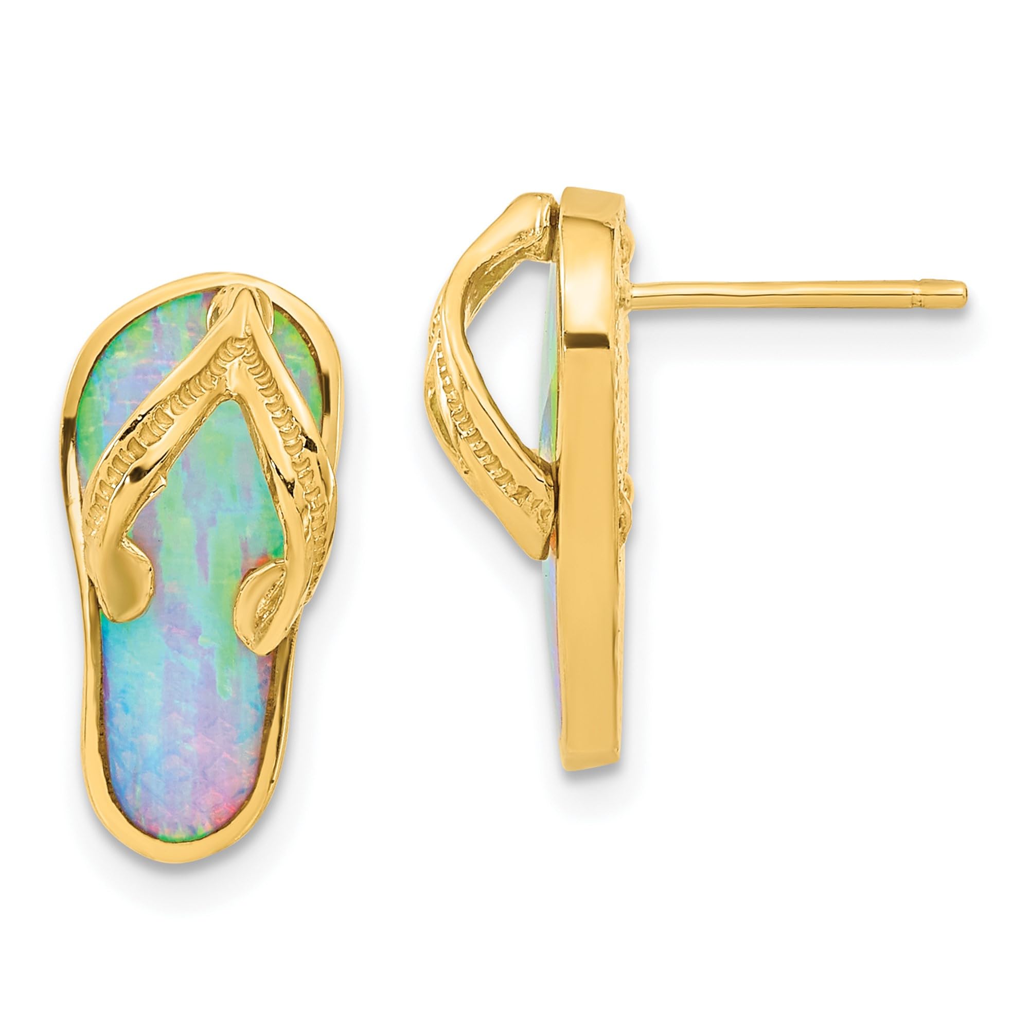 14K Solid Yellow Gold White Opal Flip Flop Sandal Stud Earrings - Hawaiian Beach Jewelry for Summer Vacation & Tropical Parties