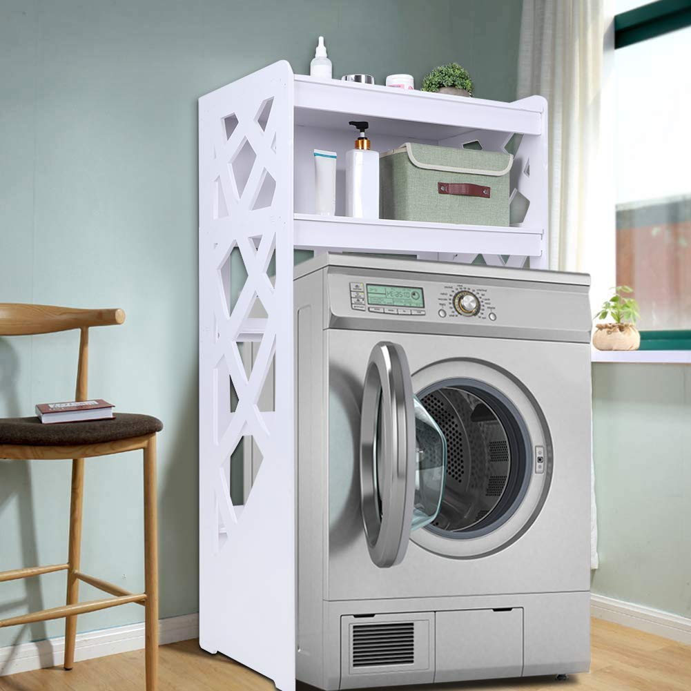 2-Tier Adjustable Over Washer Storage Shelf - Space Saving Laundry Organizer (63 x 39.5 x 120cm, White) - Perfect for Laundry Room, Bathroom & Small Space Organization