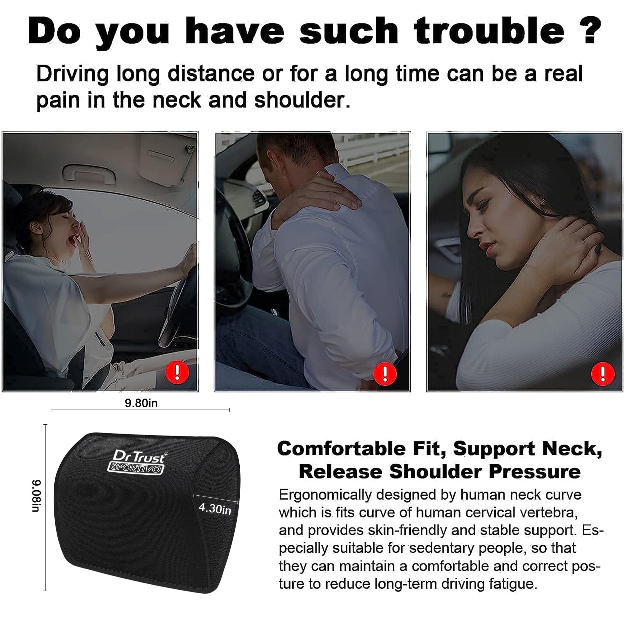 Dr Trust USA Orthopedic Neck Rest Car Seat Cushion - Memory Foam Pillow for Auto Headrest, Sciatica & Back Pain Relief - Perfect for Long Drives, Office Chairs & Travel (Pack of 1)