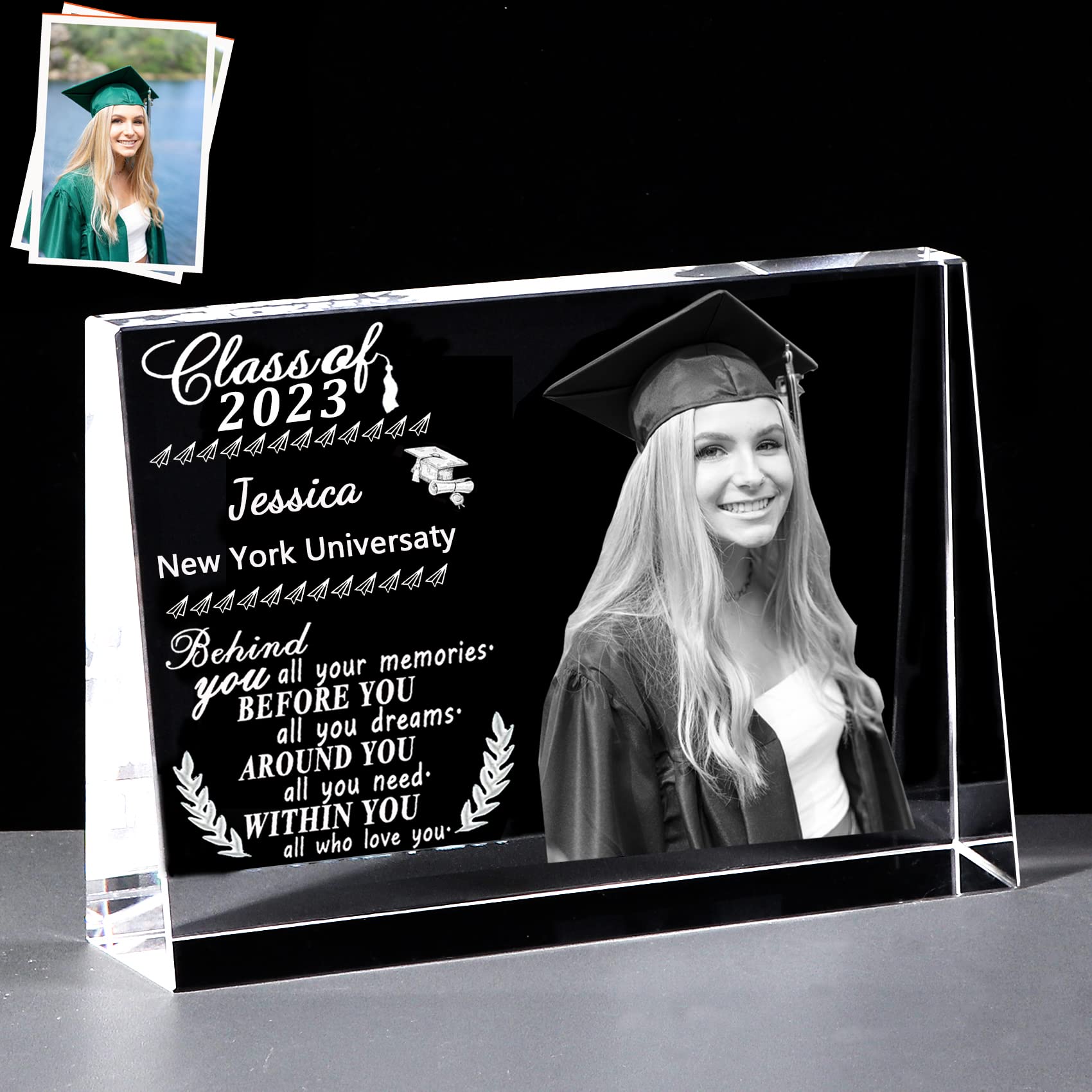 2023 Personalized Graduation Gifts for Her & Him - Custom Engraved Crystal Picture Frame with Laser Etching - Class of 2023 Keepsake Plaque - Perfect for College & High School Graduation Decorations - Inspirational Gift Idea for Dorm, Office or Home Display