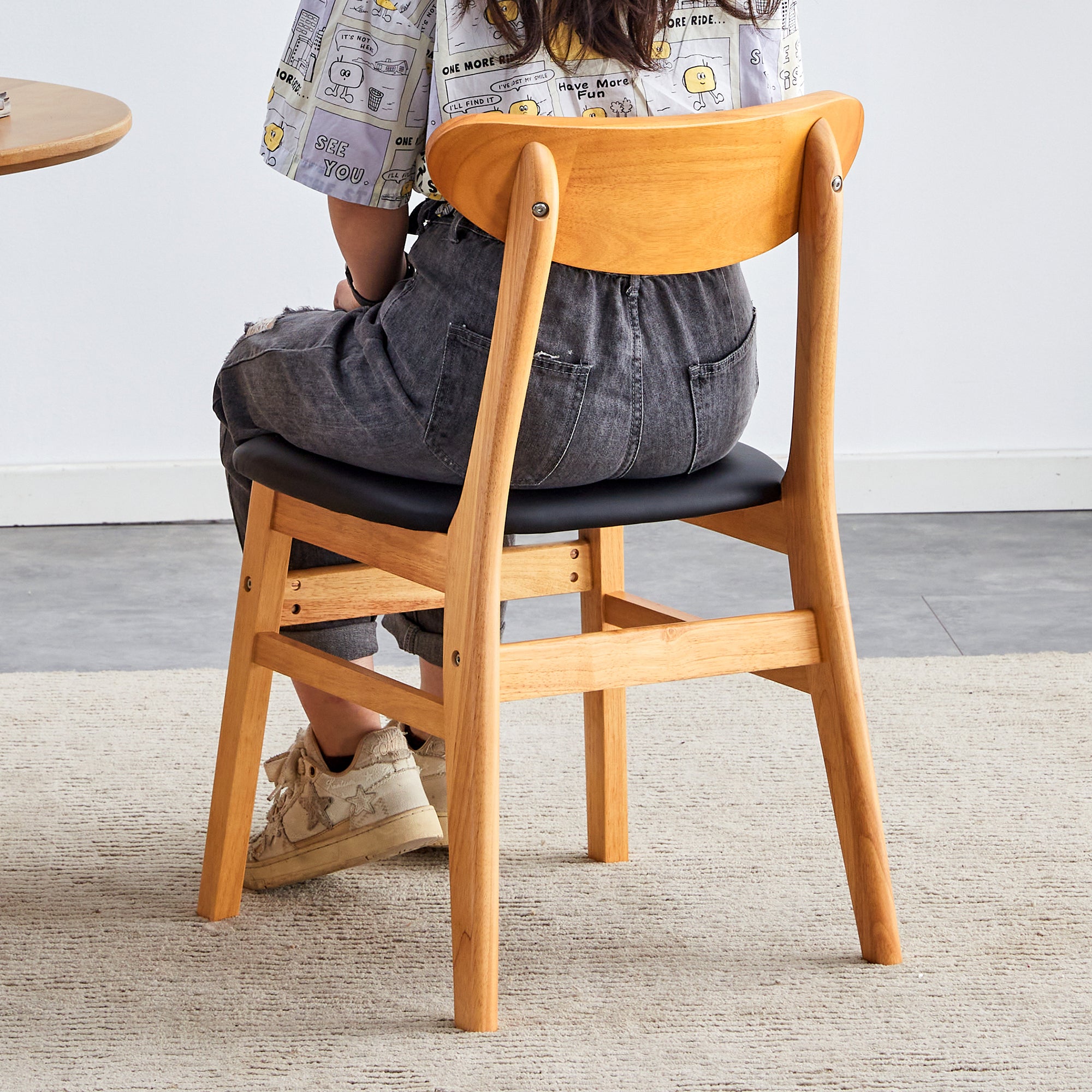 8-Piece Cozy Natural Rubberwood Dining Chair Set - Solid Wood & Rattan Style with Curved Back & PU Cushion - Perfect for Dining Room, Kitchen, Cafe & Home Decor