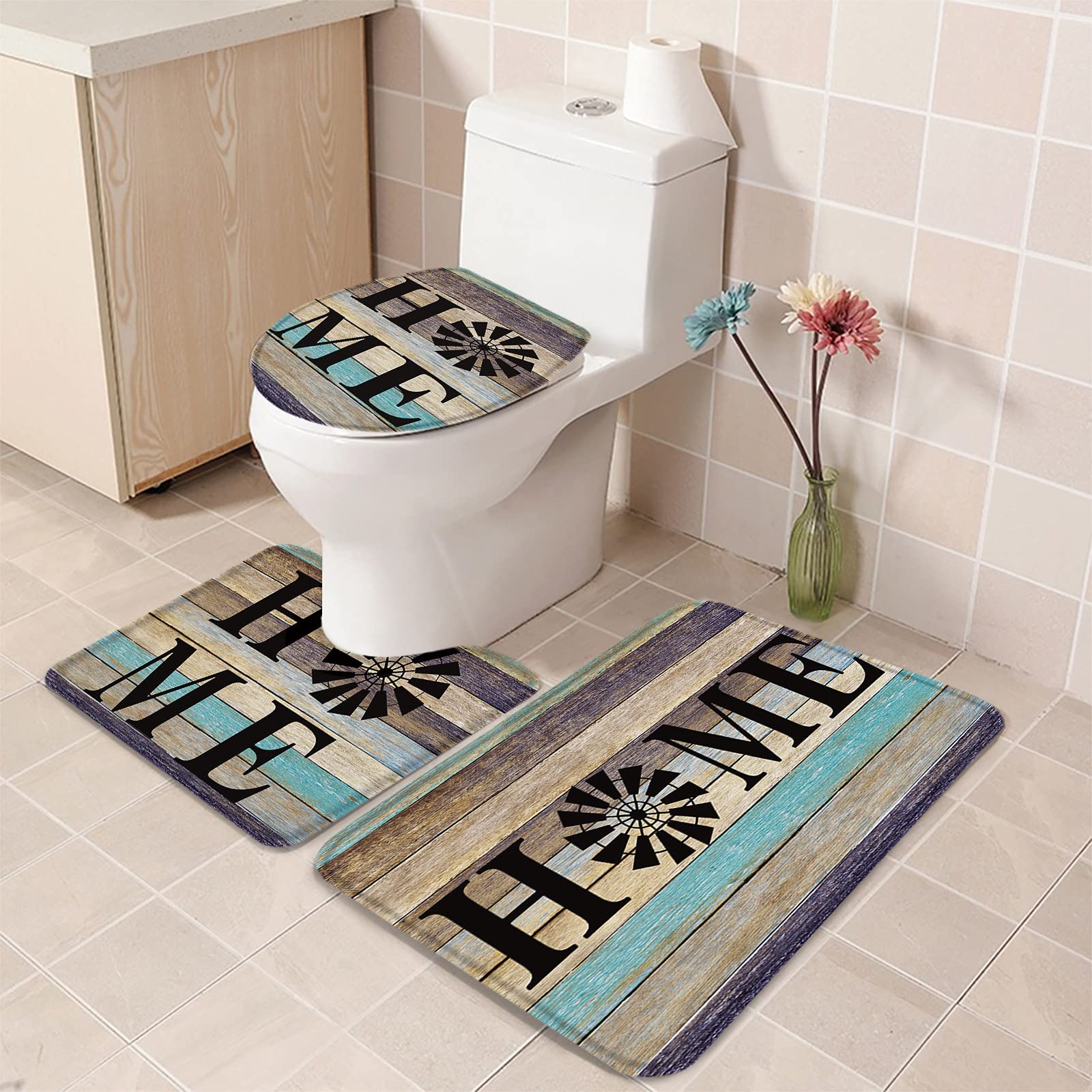 3-Piece Non-Slip Bathroom Rug Set with Windmill Farm Design - Absorbent Shower Mat, Contour Mat & Toilet Cover - Soft Wooden Plank Texture Bath Mats for Cozy Farmhouse Style Bathrooms