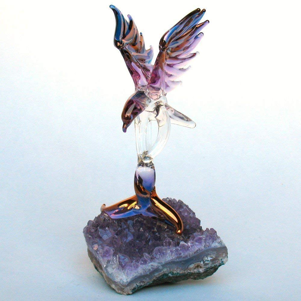 Hand Blown Glass Eagle Figurine on Natural Amethyst Crystal Base - Elegant Home Decor, Office Desk Ornament & Spiritual Gift for Collectors