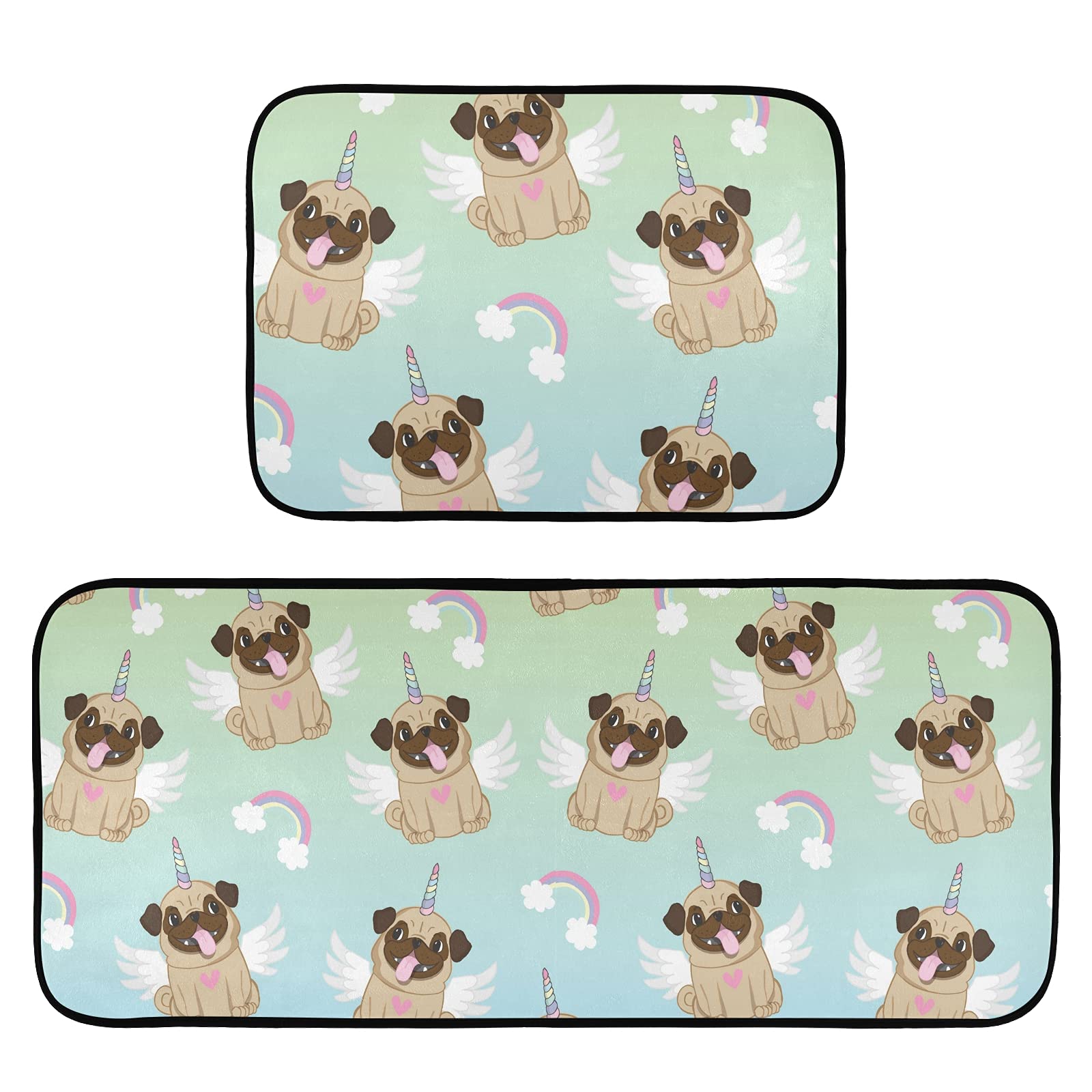 Unicorn Pug Kitchen Mat Set - 2 Piece Anti-Fatigue Cushioned Non-Slip Rugs, Washable Floor Mats for Kitchen, Bathroom & Entryway (19.7