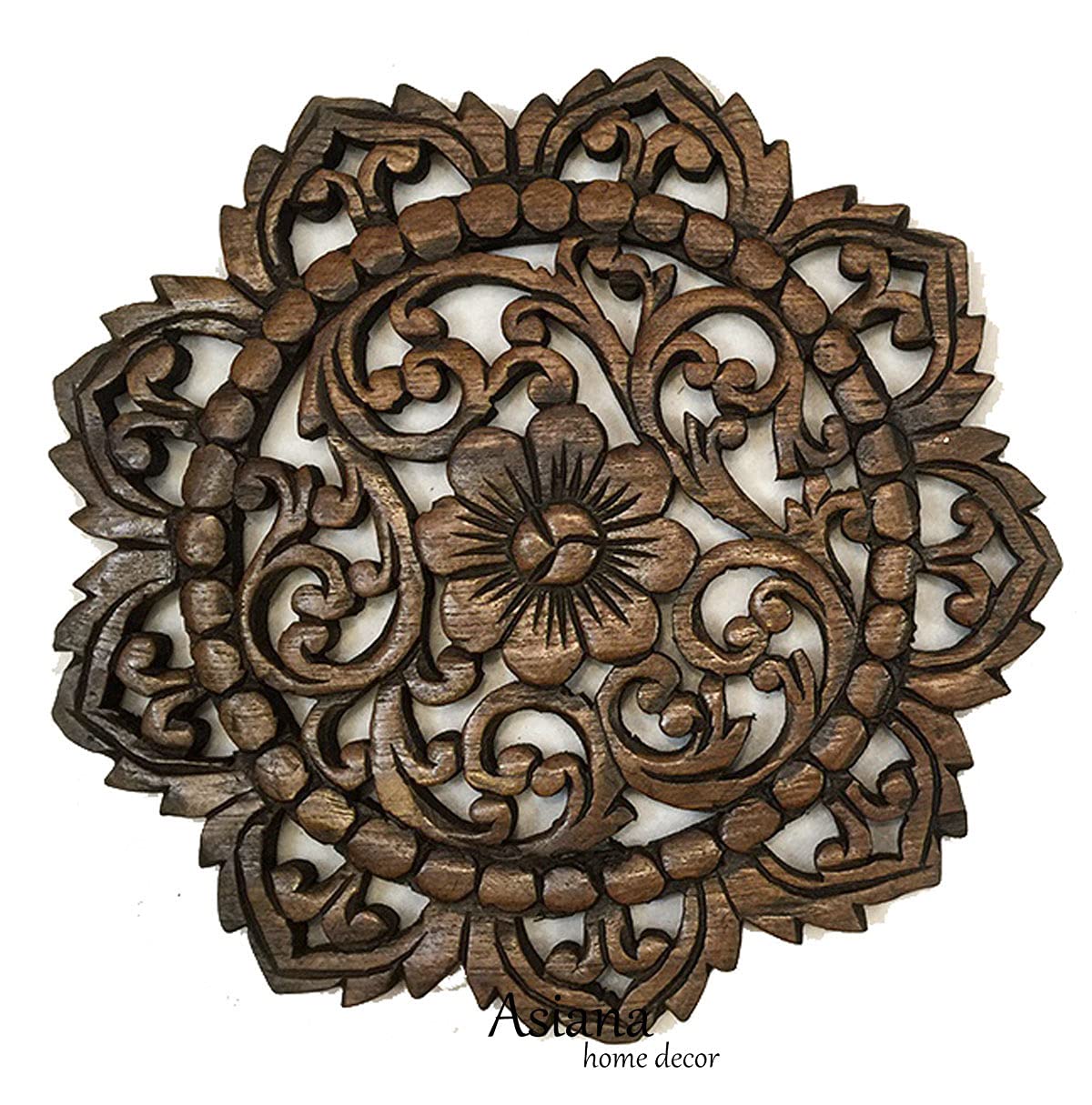 Asiana Home Decor Set of 3 Round Floral Teak Wood Wall Plaques - 12