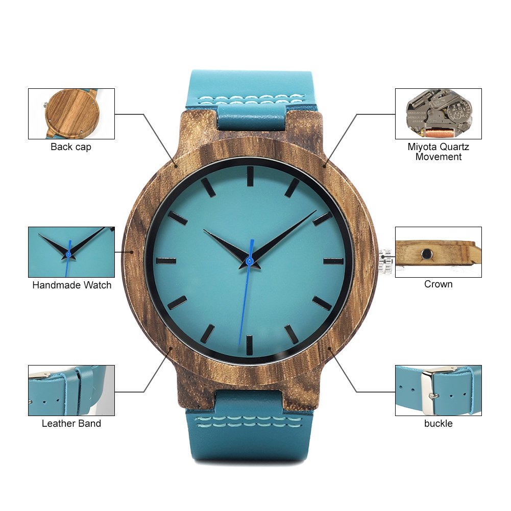 BOBO BIRD Bamboo Wooden Watch for Men & Women - Blue Cowhide Leather Strap, Casual Fashion Timepiece with Gift Box | Perfect for Everyday Wear, Anniversary Gifts & Eco-Friendly Lifestyle