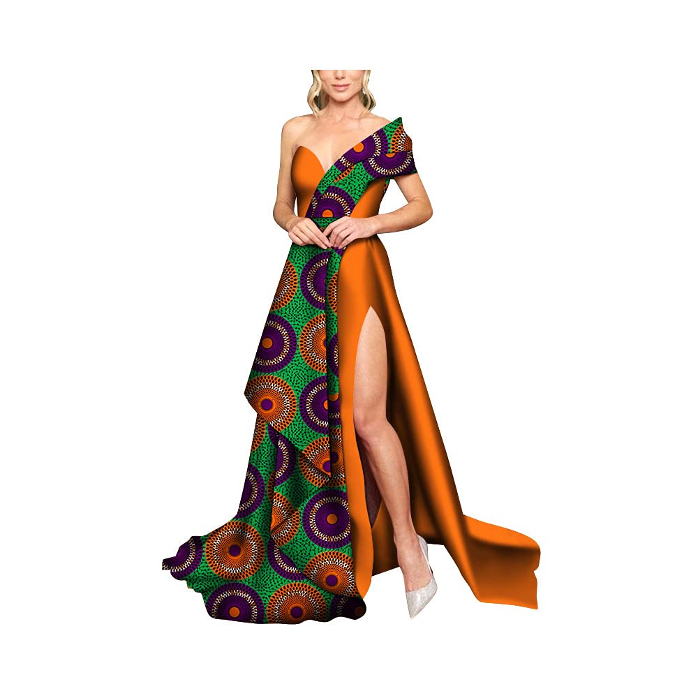 BAZINRICHE African Dress for Women - Elegant Dashiki One Shoulder Dresses with High Slit | Sexy & Stylish African Print Outfit for Parties, Weddings & Special Occasions