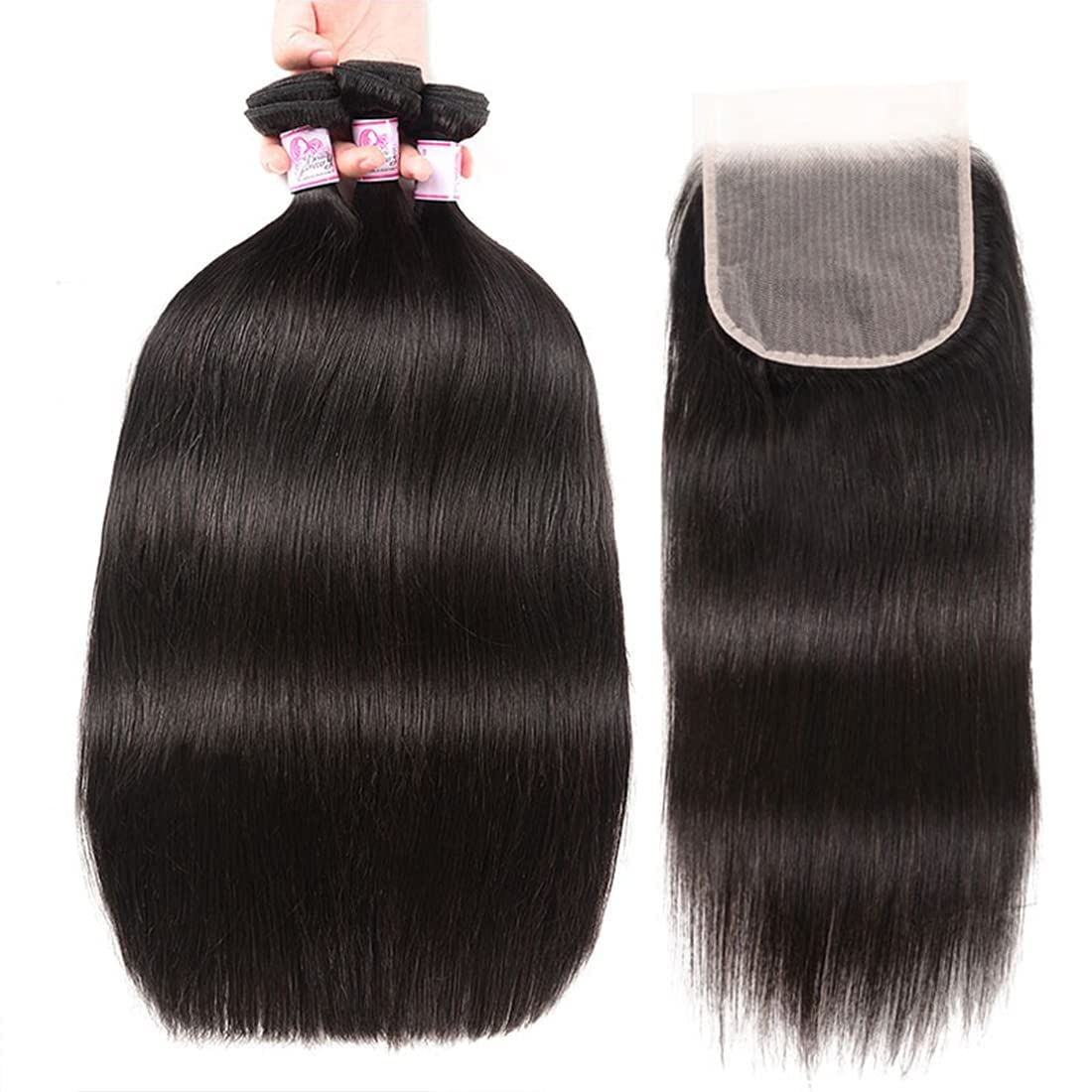 Beauty Forever 3 Bundles Straight Human Hair with 5x5 HD Lace Closure - Natural Color Brazilian Virgin Hair Extensions for Sew-In Weave & Styling