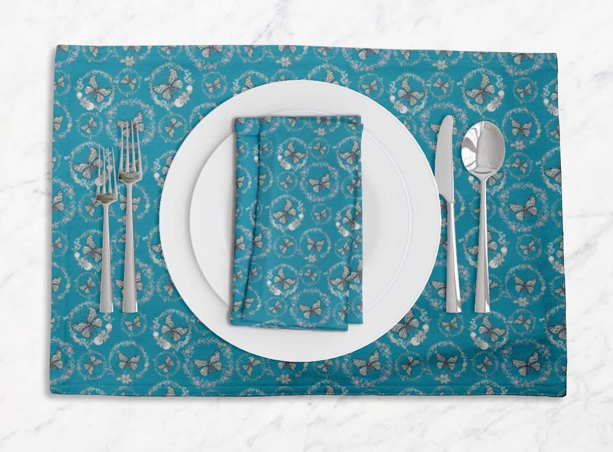 Blue Wreath & Butterfly Printed Reversible Table Mats with Napkins Set - Elegant Dining Room Decor for Dinner Parties & Holiday Entertaining