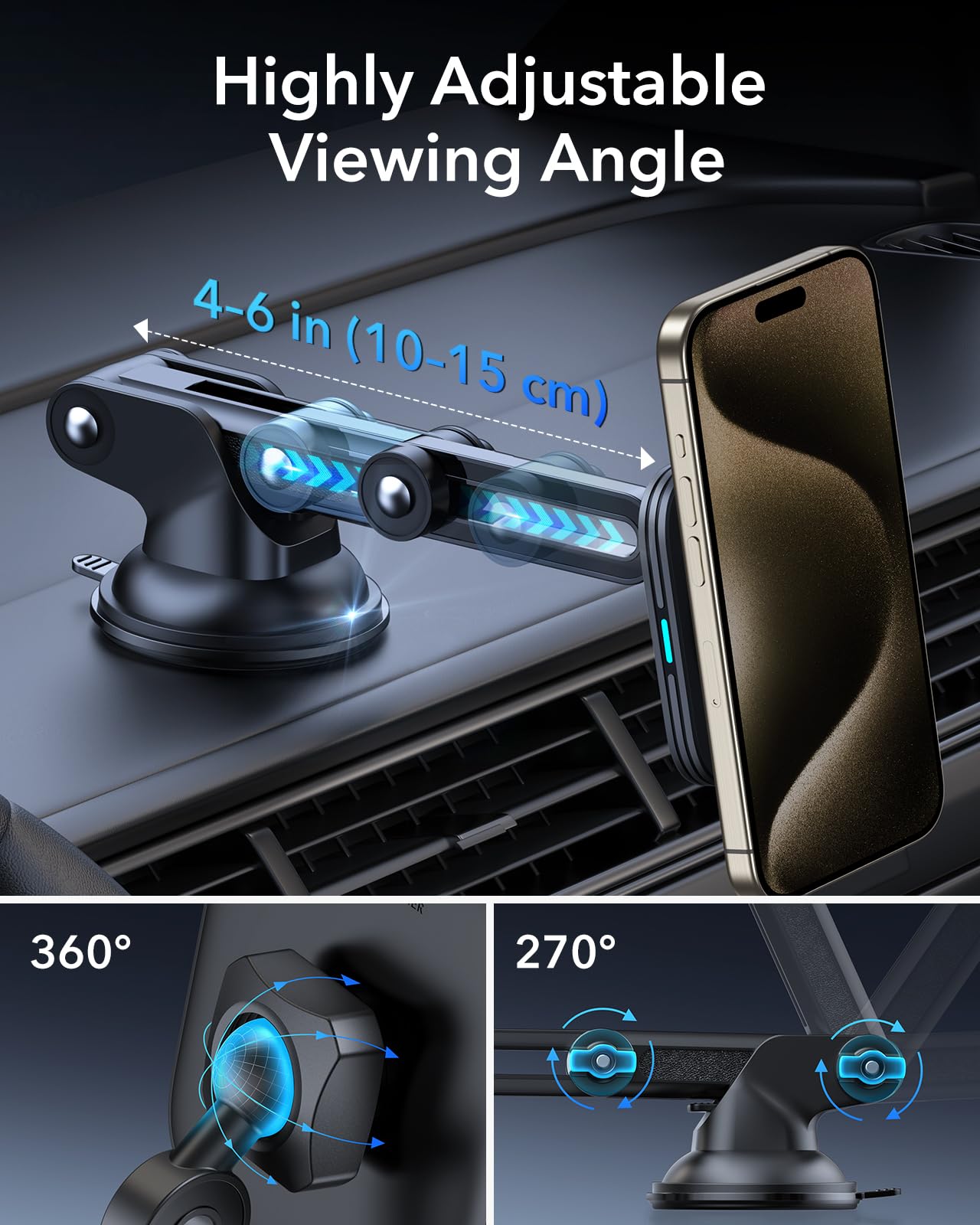 ESR MagSafe Car Mount Charger - Magnetic Wireless Phone Holder for iPhone 16/15/14/13/12 & Samsung S25 | 360° Rotation Dashboard/Windshield Mount | Fast Charging | Perfect for Commuting, Road Trips & Hands-Free Navigation
