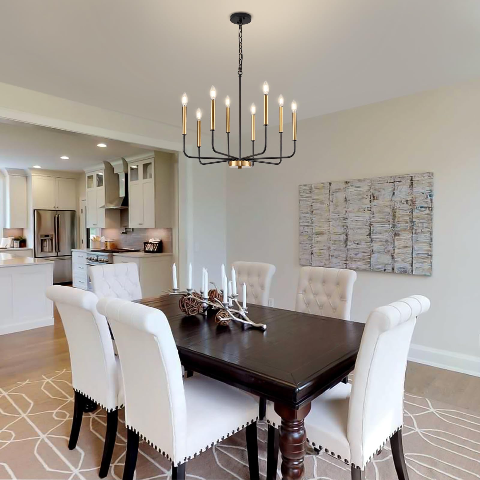Modern Black and Gold 8-Light Farmhouse Chandelier - Metal Hanging Candle Lighting Fixture for Dining Room, Kitchen, Living Room, Foyer, Entryway & Bedroom | Elegant Ceiling Light for Home Decor, Wedding & Restaurant Ambiance