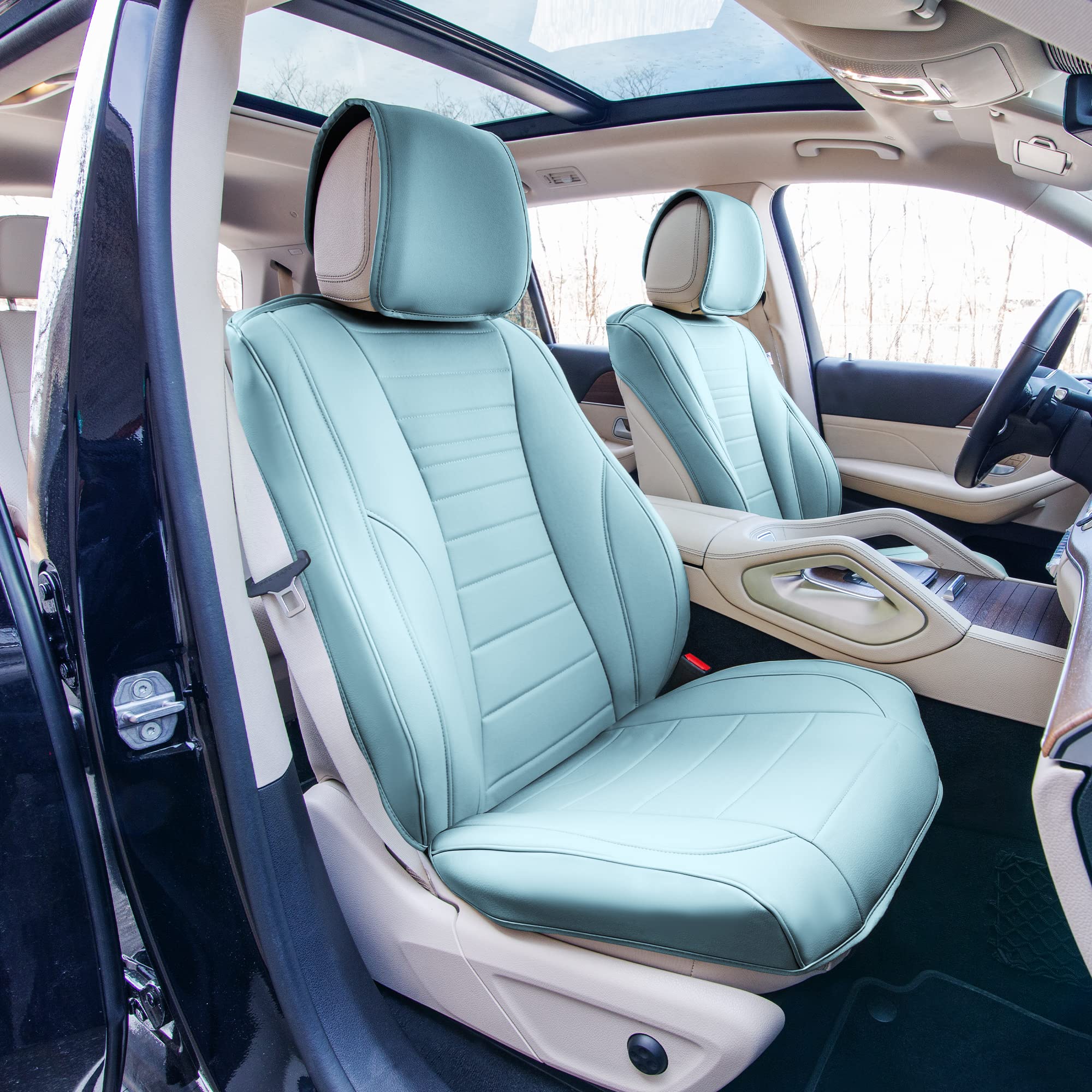Premium TLH Grande70 Luxe Faux Leather Blue Car Seat Covers (2-Pack) - Waterproof Universal Fit for Cars, Trucks & SUVs - Comfortable Seat Protector with Sleek Pattern for Daily Commute, Road Trips & Family Travel