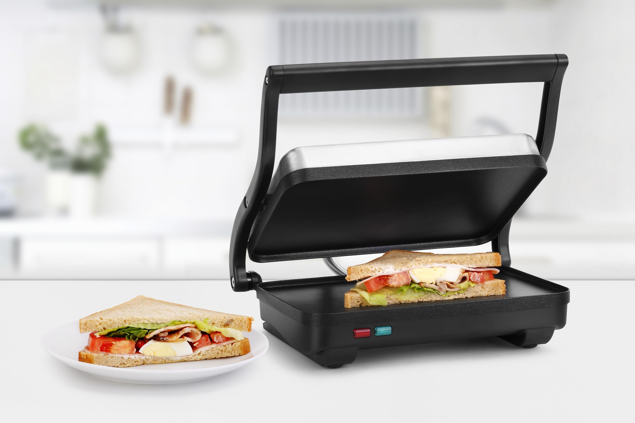 Holstein Housewares Electric Griddle - Stainless Steel Sandwich Maker & Snack Toaster for Paninis, Waffles, Breakfast - Black/Stainless Steel - Perfect for Home, Office & Camping Cooking