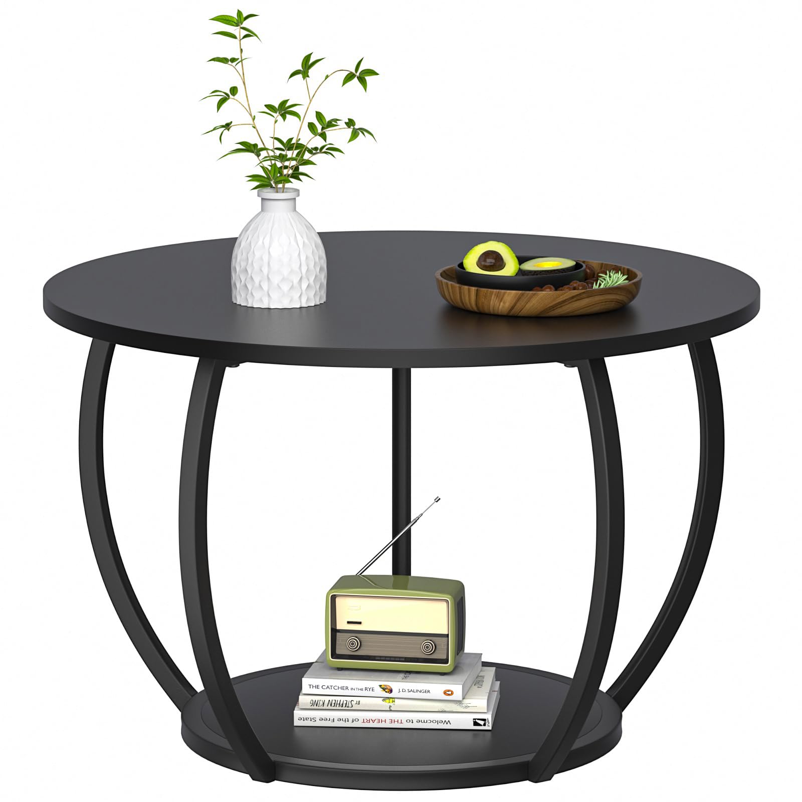 GreenForest 27.6 Inch Round Coffee Table with Storage - Adjustable Feet 2-Tier Farmhouse Style Center Table for Living Room, Home Office - Black | Perfect for Small Spaces, Coffee Time & Family Gatherings