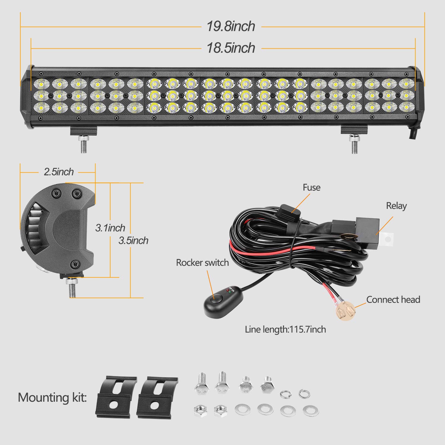 18 Inch 189W LED Light Bar for Trucks, ATV, UTV & SUV - Auto Power Plus Triple Row Off-Road Driving Lights with Wiring Harness (Flood/Spot Combo) - Perfect for Marine, Work & Nighttime Adventures