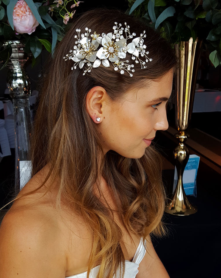 Elegant Silvery Gold Flower Comb Bridal Headpiece - Josie Johnny B Collection at Kezani | Perfect for Weddings, Prom & Special Occasions