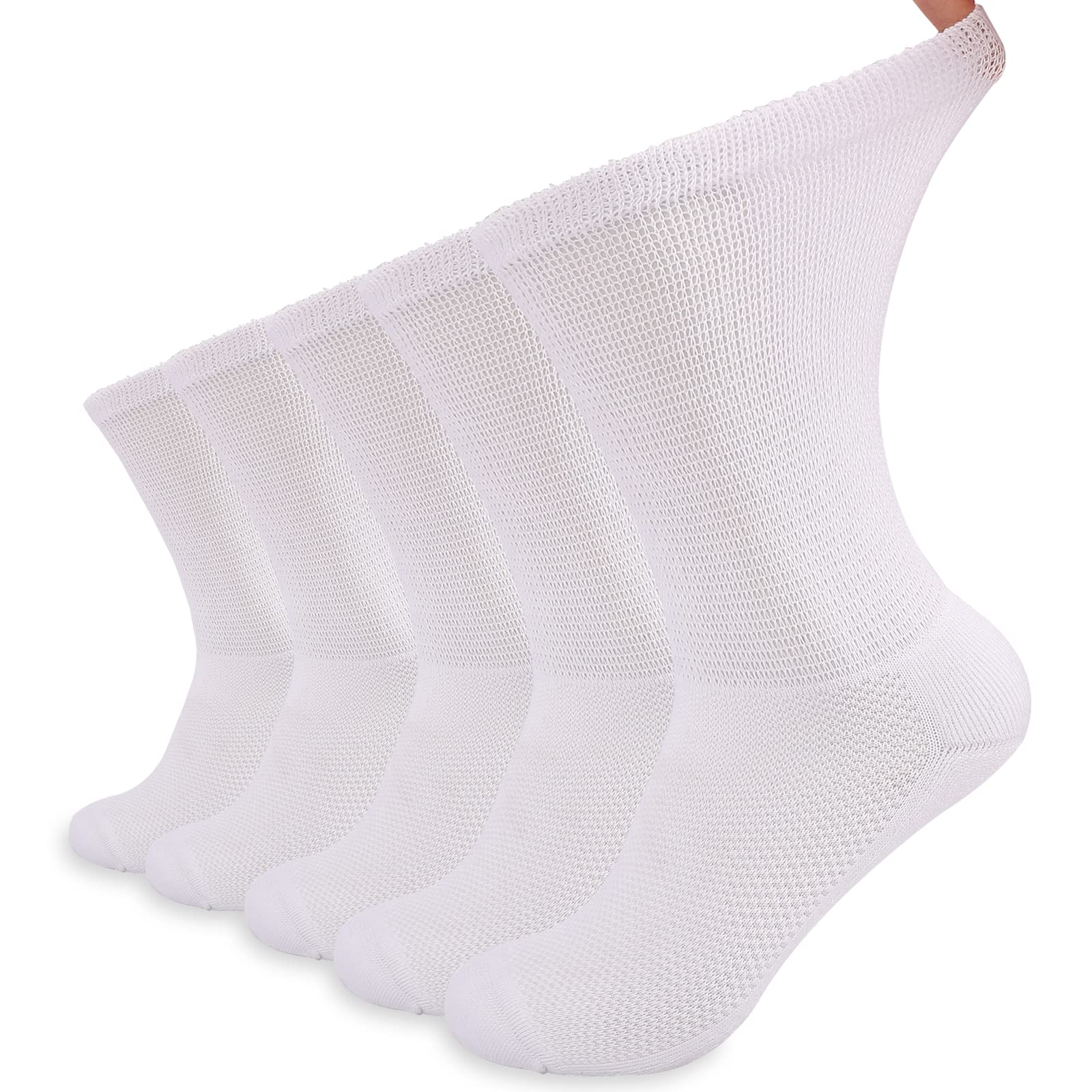Aaronano 5 Pairs Bamboo Diabetic Socks for Men & Women - Seamless Toe, Non-Binding Crew Socks for Neuropathy & Hospital Use - Comfortable Breathable White Socks (Medium) - Ideal for Diabetes Care, Circulation Support & Daily Comfort