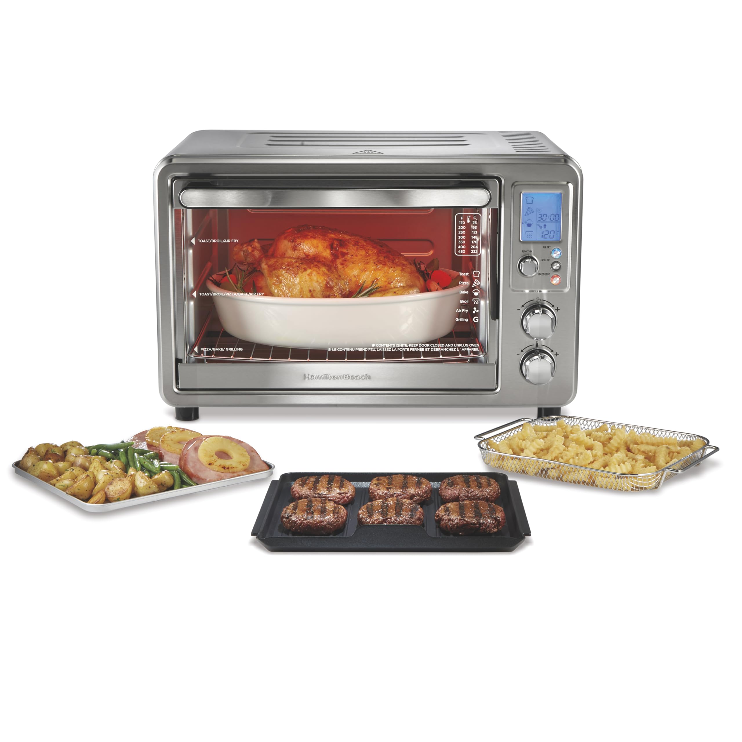 Hamilton Beach 6-in-1 Sure Crisp Air Fryer Toaster Oven Combo with Electric Indoor Grill - 450°F Searing Temperature for Baking, Broiling, Toasting & Pizza Making | 0.88 cu. ft Capacity, 6-Slice Toaster, Stainless Steel (Model 31395) | Perfect for Small Kitchens, Quick Meals & Healthy Cooking