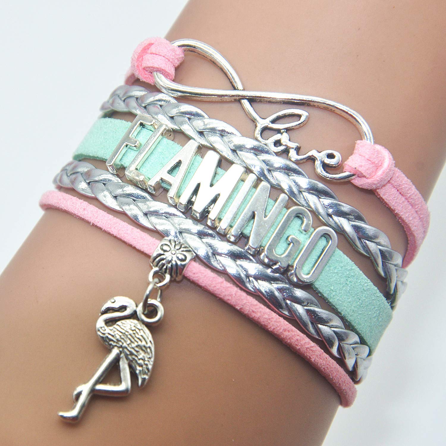 HHHbeauty Flamingo Charm Bracelet - Genuine Leather Infinity Love Jewelry for Women, Unique Flamingo Gifts for Adults, Bird Lovers - Perfect for Vacation, Beach, Summer Outfits & Tropical Themed Parties