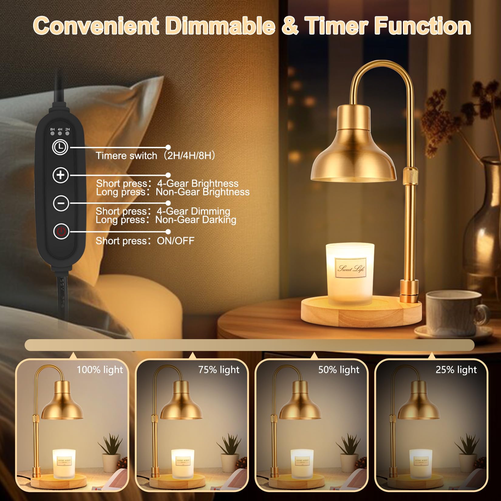 Dimmable Candle Warmer Lamp with Timer - Adjustable Height & Brightness, Includes 3 Bulbs - Electric Wax Melter for Jar Candles - Perfect for Bedroom, Home Decor & Housewarming Gifts (Gold) - Create Cozy Ambiance for Relaxation & Romantic Evenings