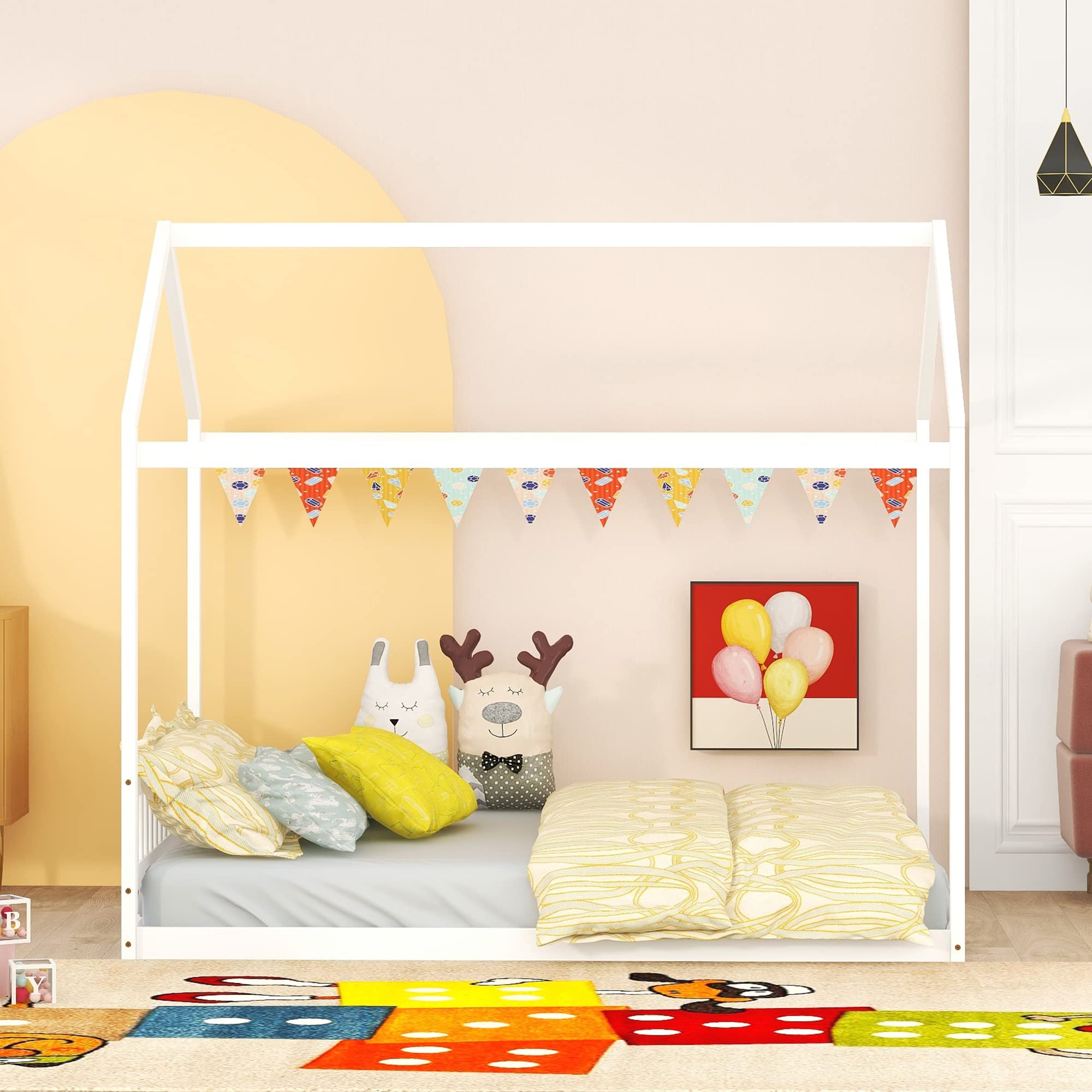 Harper & Bright Designs Queen Size Wooden House Bed Frame with Headboard - Montessori Floor Bed for Kids, Girls & Boys Bedroom Furniture - No Box Spring Needed, White - Perfect for Montessori Bedrooms, Playrooms & Cozy Sleep Spaces