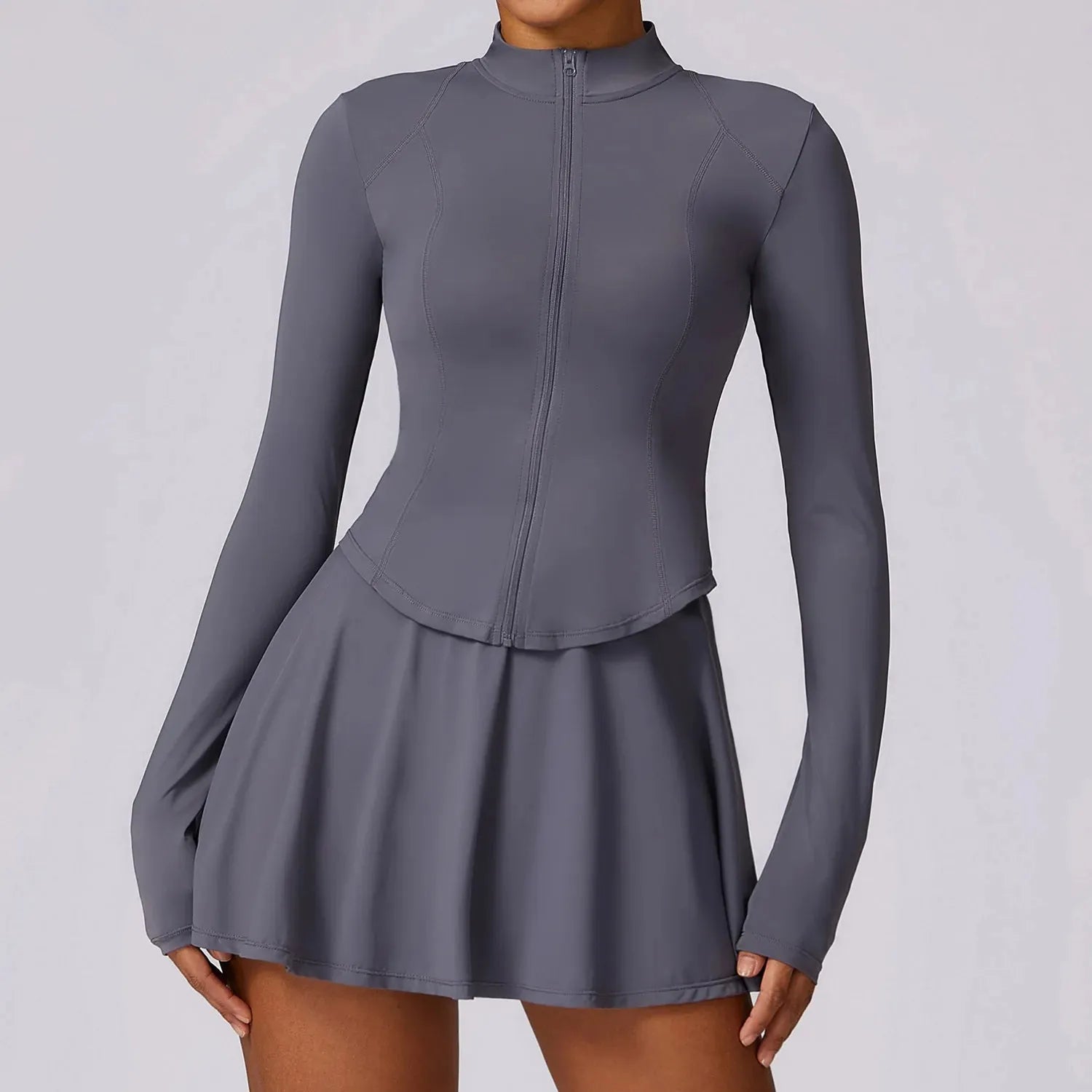 2PCS Women's Yoga Outfit - Sexy Zipper Long Sleeve Top & Short Skirt Gym Set for Running, Workout & Athletic Sports | Perfect for Yoga, Pilates & Fitness Training