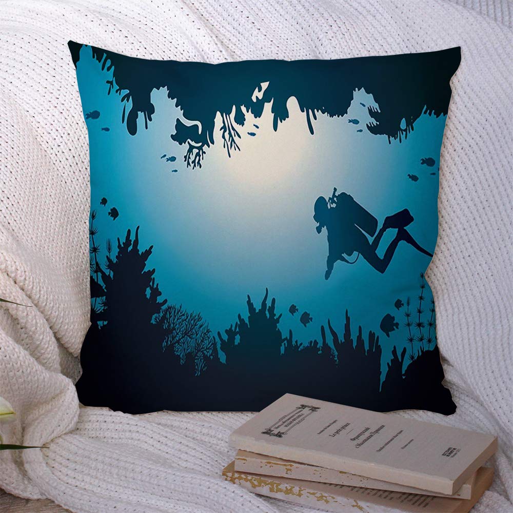 Scuba Diver Coral Reef Throw Pillow Covers 18x18 Inch - Polyester Decorative Cushion for Sofa, Couch & Office - Tropical Underwater Theme for Beach House, Living Room & Outdoor Decor