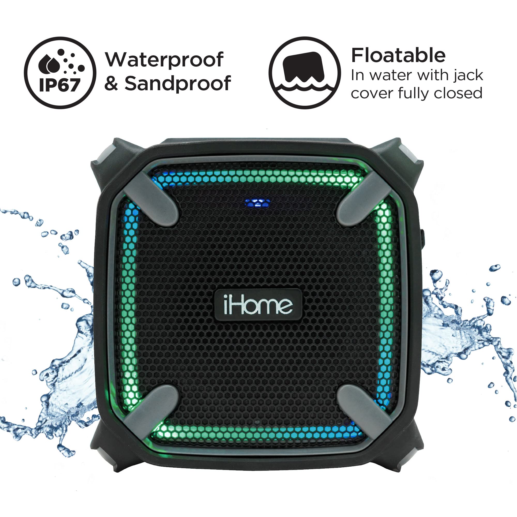 iHome Weather Tough Portable Bluetooth Speaker with LED Lights - Waterproof Outdoor Speaker for Camping, Beach, Pool Parties & Travel
