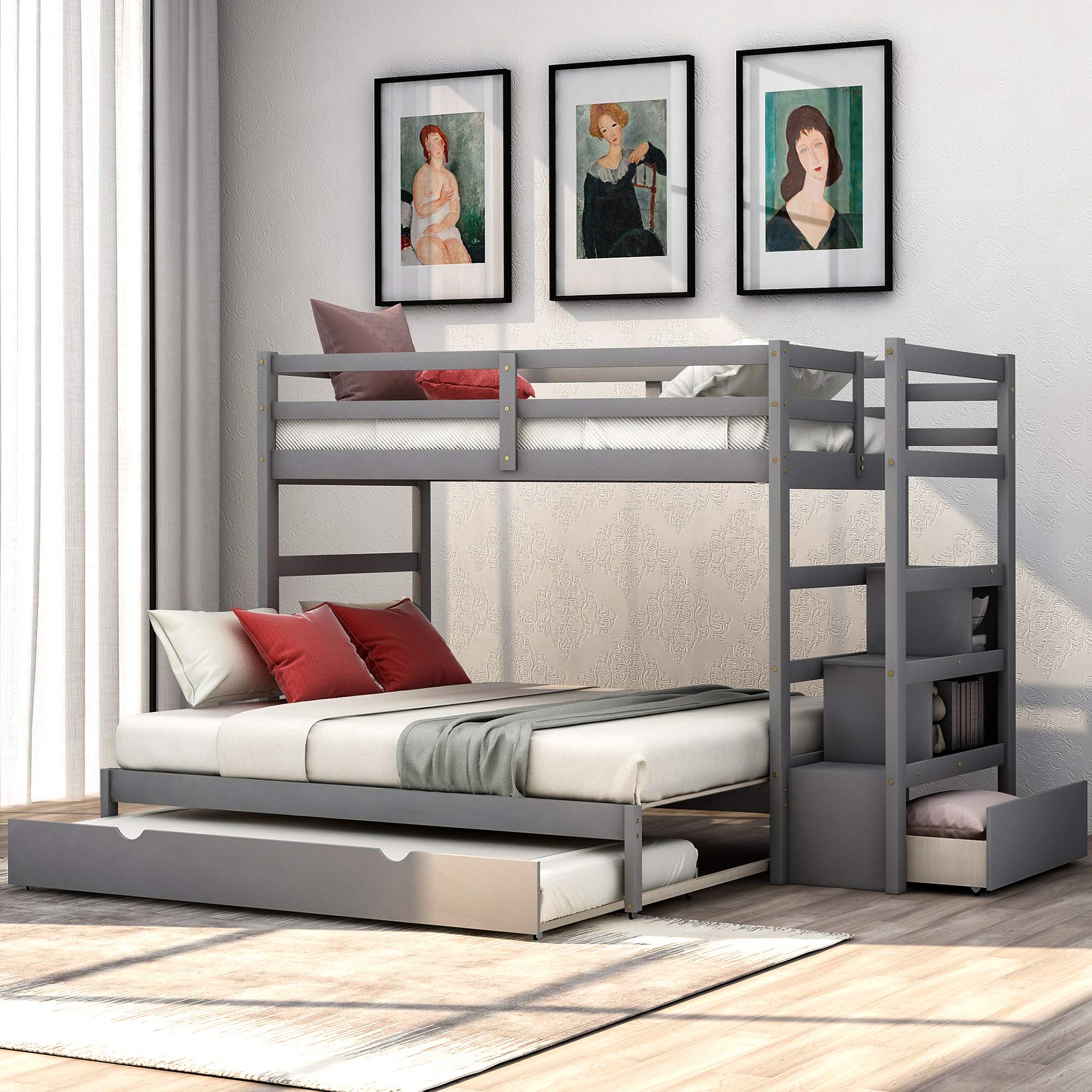**Solid Wood Twin Over Twin/King Bunk Bed with Trundle & Storage Staircase - Kids & Teens Bunk Bed with Side Shelves & Drawer, No Box Spring Needed (Gray) - Perfect for Small Bedrooms, Guest Rooms & Vacation Homes**