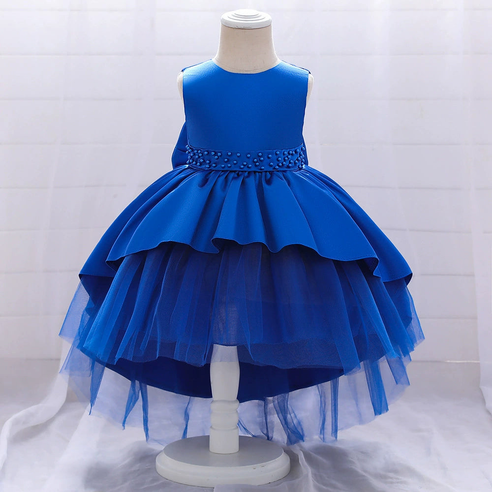 Royal Blue Satin Tea-Length Flower Girl Dress for Weddings – Princess Round Neckline for Special Occasions