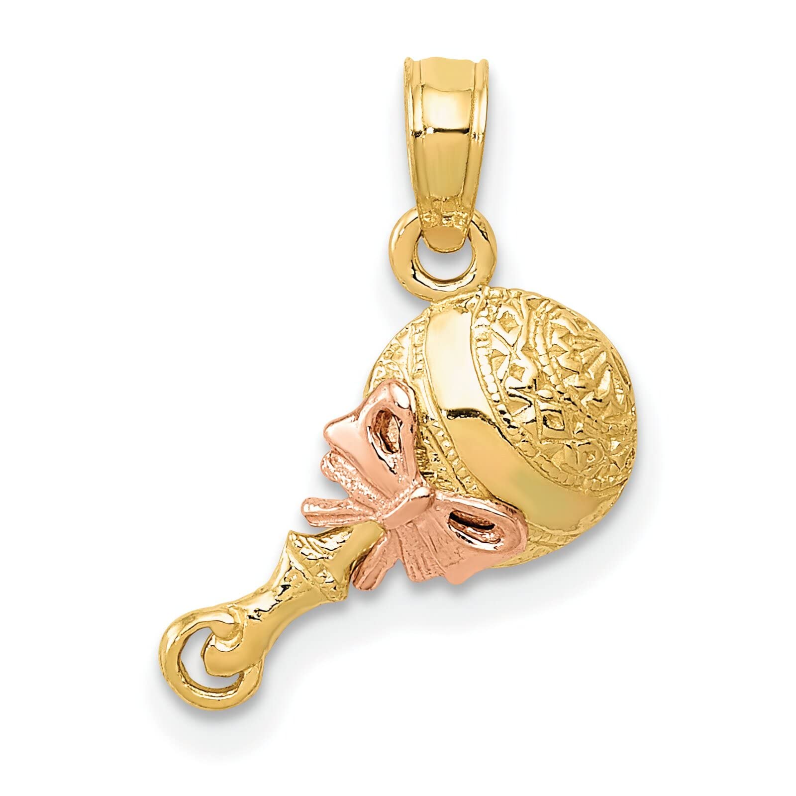 FindingKing 14K Two-Tone Gold Baby Rattle Pendant Charm - 13x11mm Elegant Jewelry for Newborn Gifts & Baby Shower Favors