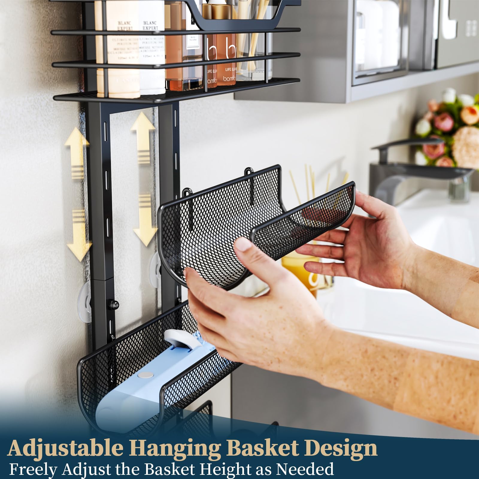 6-Tier Hair Tool Organizer Wall Mount - Adjustable Bathroom Storage Shelf for Hair Dryer, Curling Iron & Straightener | Space-Saving Over The Door Hook Design for Salon-Style Organization (Black)