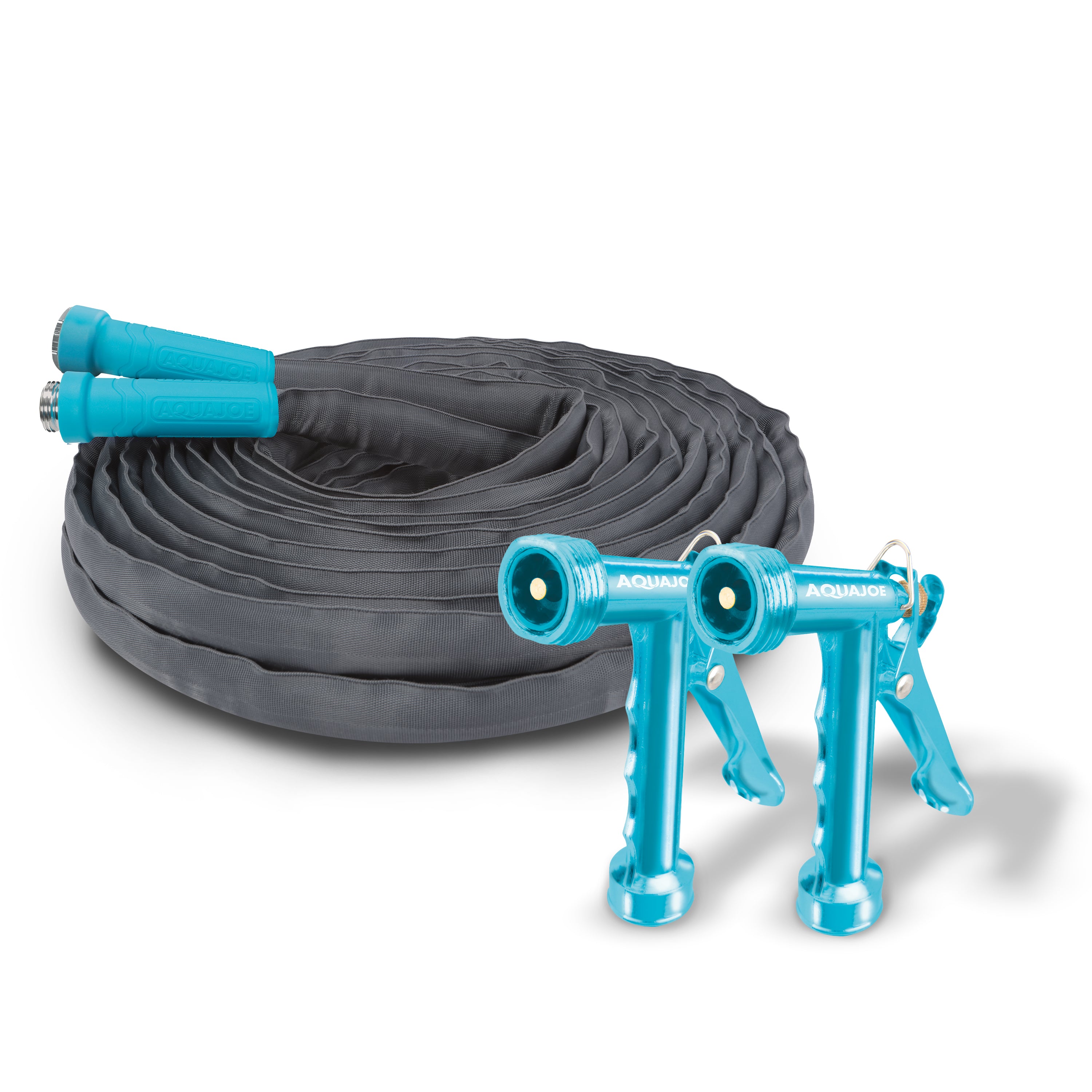 Aqua Joe Pistol Grip Hose Nozzle Bundle with 50ft Fiberjacket Hose & 2 Pack Full Metal Nozzles - Heavy Duty Water Spray Nozzle for Garden, Lawn, Car Washing and Outdoor Cleaning