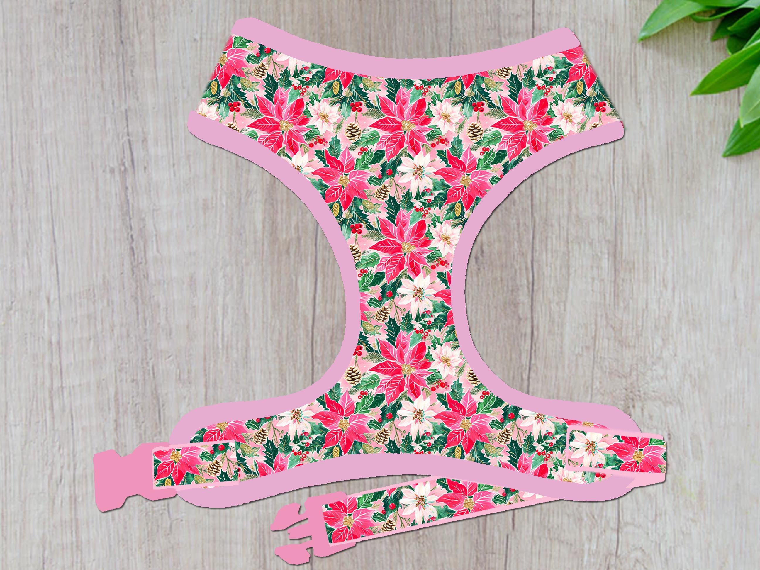 Festive Christmas Dog Harness with Preppy Pink Poinsettia Design - Perfect for Holiday Walks & Pet Photos