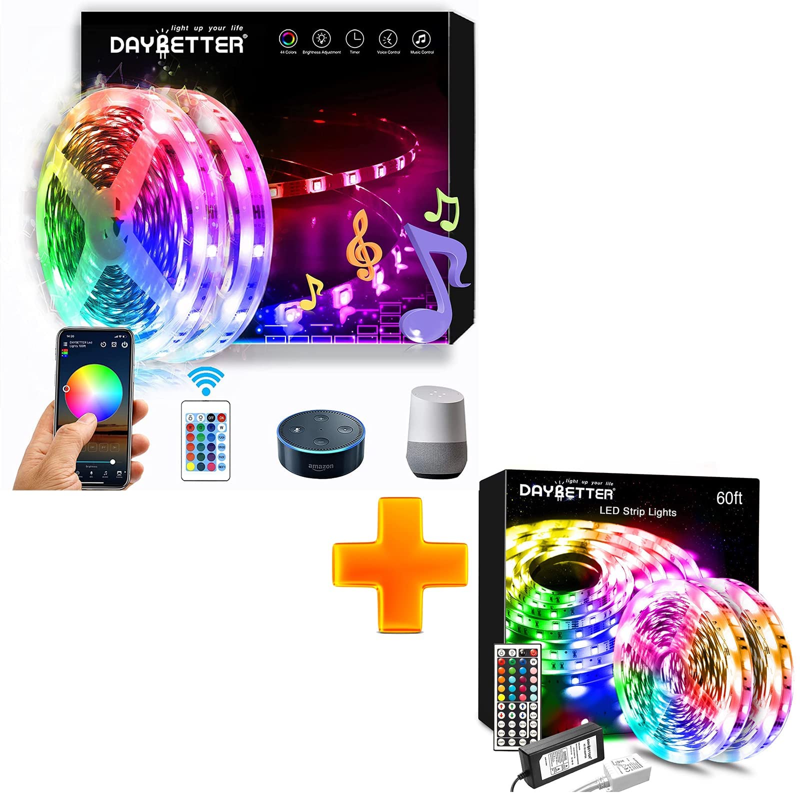 DAYBETTER Smart WiFi LED Strip Lights - 2 Rolls (100ft Total) Color Changing RGB Lights for Bedroom, Gaming Room & Home Decor - Works with Alexa & Google Assistant