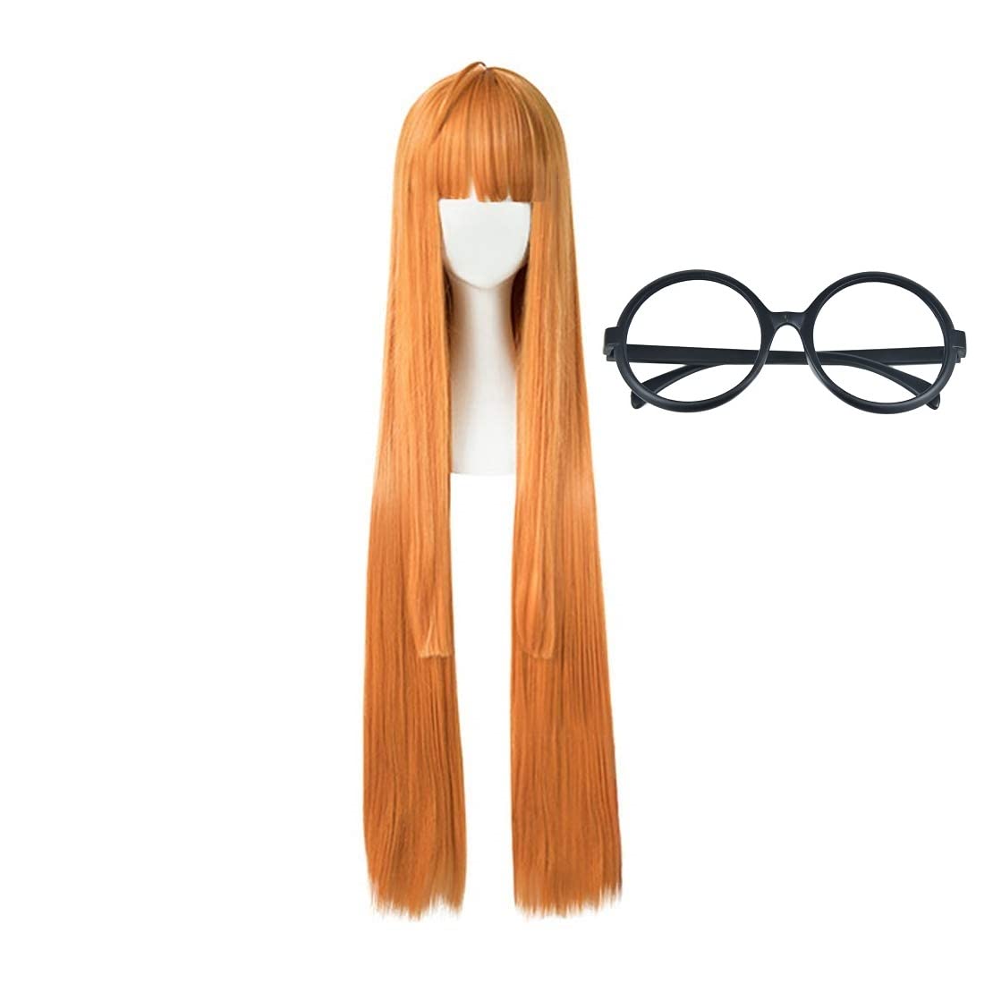 Orange Cosplay Wig with Glasses - Long Straight Synthetic Hair 80cm for Anime Costume & Halloween Party - Perfect for Joker, Harley Quinn & Comic Con Costumes