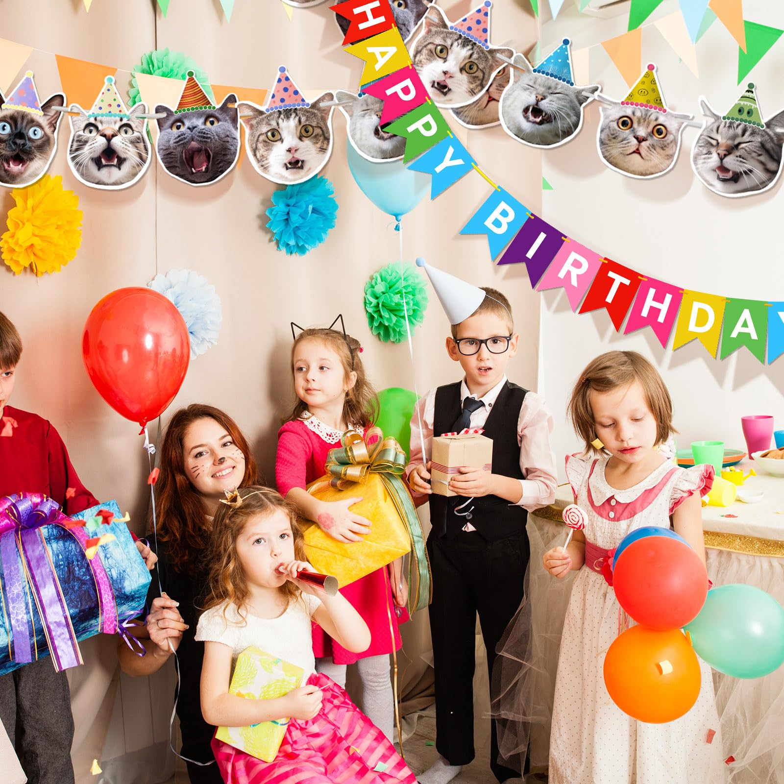 Happy Birthday Cat Banner - Rainbow Bunting Party Decor for Kitty Celebrations