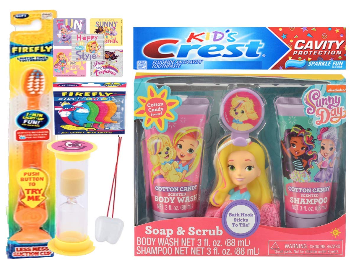 GBG Beauty Sunny Day Girl's 7-Piece Bathroom Gift Set - LED Toothbrush, Toothpaste, Brushing Timer, Shampoo, Body Wash, Water Squirt Scrubby & Bath Hook - Perfect for Kids' Bath Time Fun & Hygiene Routine