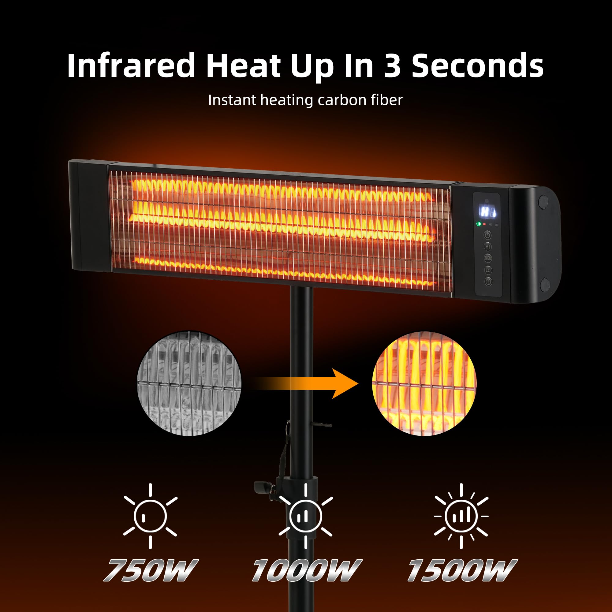 1500W Infrared Outdoor Heater - Wall Mount & Standing Patio Heater with Tripod, IP65 Waterproof & Dustproof, 3 Heat Settings & 12H Timer - Perfect for Backyard, Deck, Restaurant Outdoor Seating - WEWARM