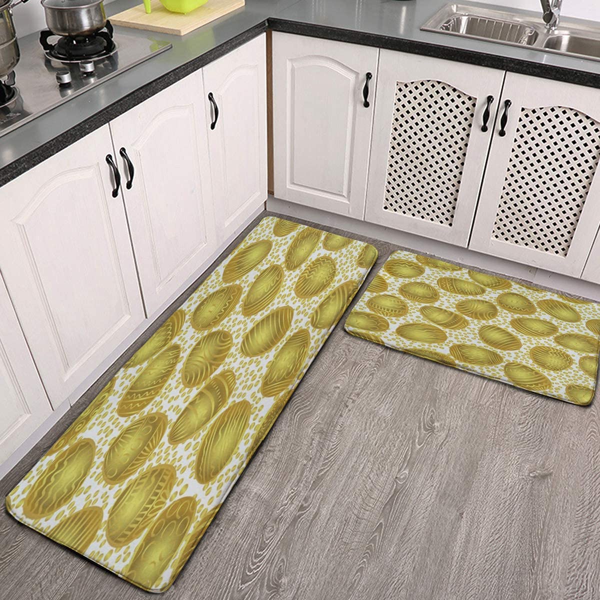 2-Piece Kitchen Rugs and Mats Set - Non-Slip Cushioned Anti-Fatigue Floor Mat with Golden Easter Egg Pattern - Perfect for Kitchen, Home Office, Standing Desk & Indoor Use