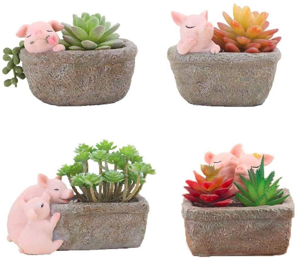 Ceramic Hanging Flower Pot Set - 4 Pcs Animal Succulent Planter with Resin Holder for Office Desk, Home Decor | Mini Plant Pots for Indoor Plants, Cactus, Air Plants | Perfect for Windowsill, Shelf, or Gift Idea