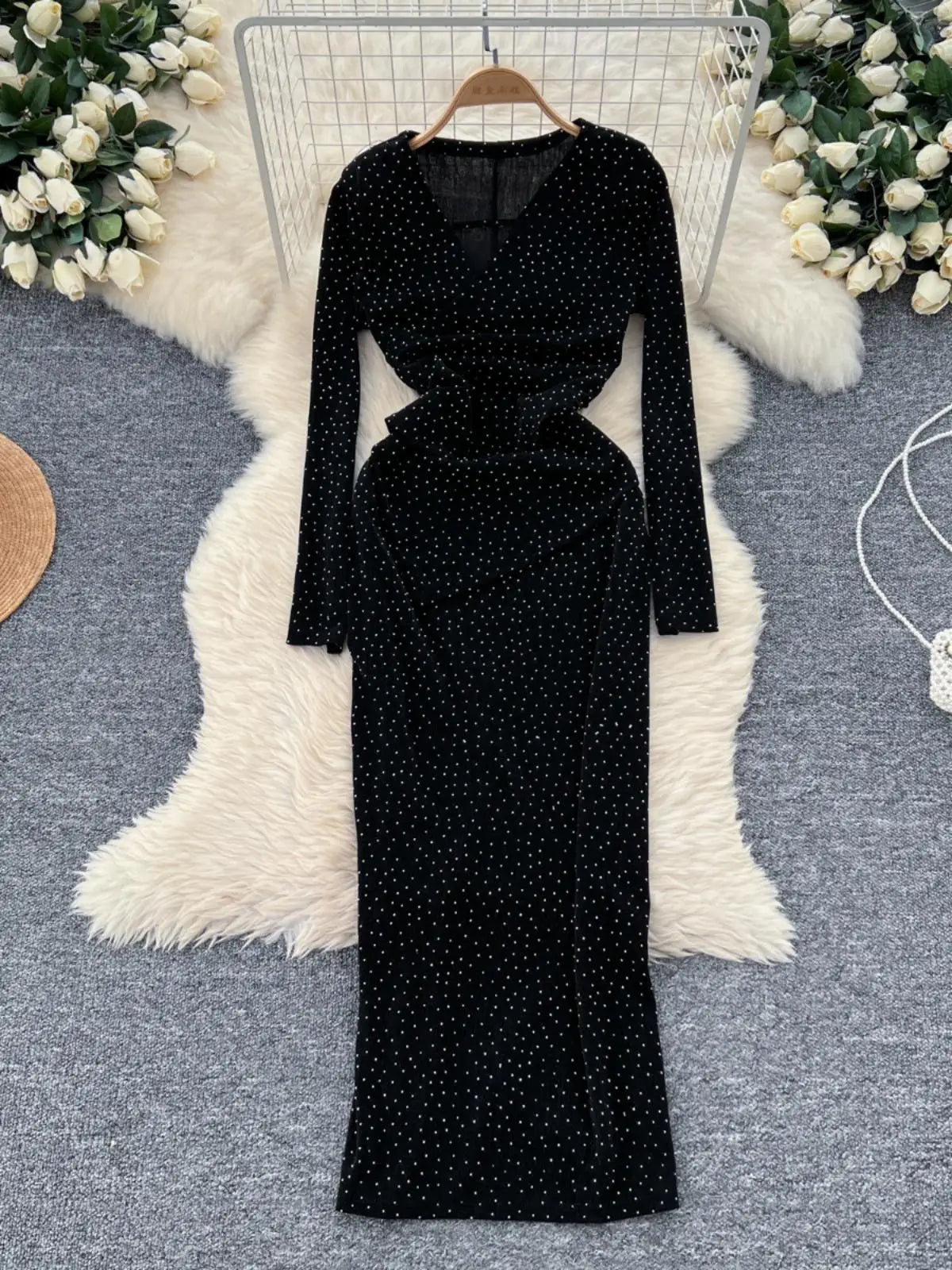 2024 Autumn Women's Fashion Elegant V-Neck Long Sleeve Slim Evening Dress - Black/Red Diamonds & Gold Hollow Out Design | Perfect for Parties, Weddings & Formal Events