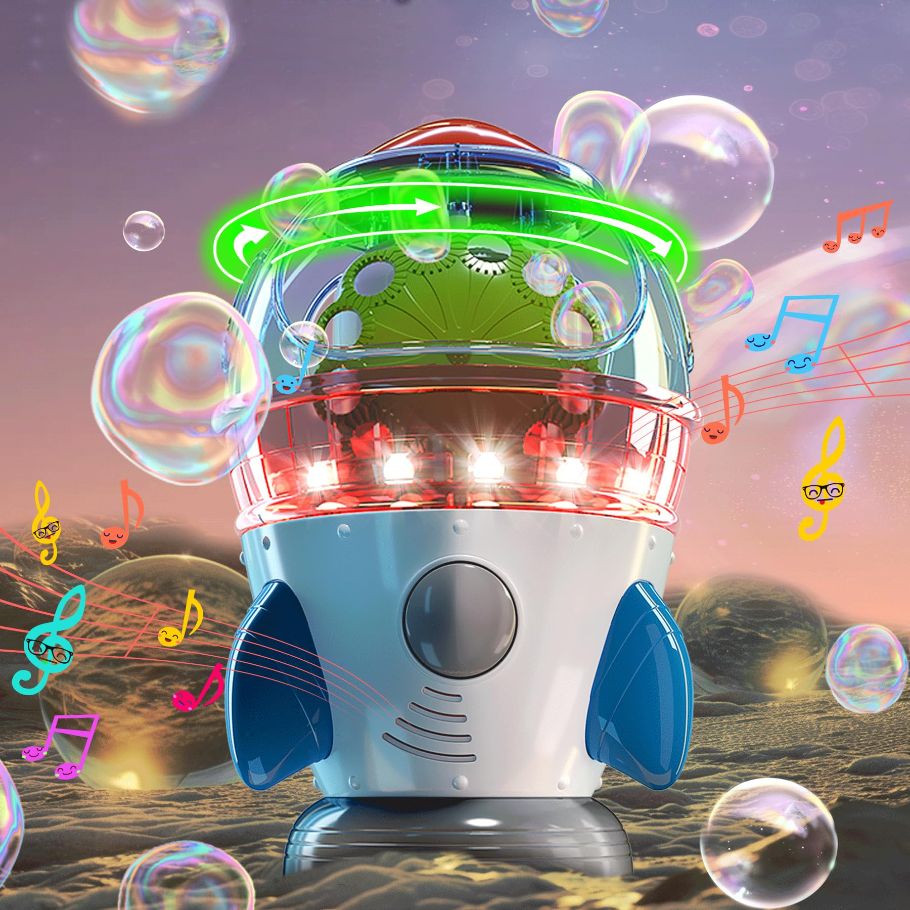 360° Auto Rotating Bubble Blower Machine with 2 Fans, LED Lights & Music - Fun Bubble Maker Toy for Kids Ages 1-3 | Perfect for Birthday Parties, Outdoor Play & Gift Giving (Ideal for Boys & Girls)