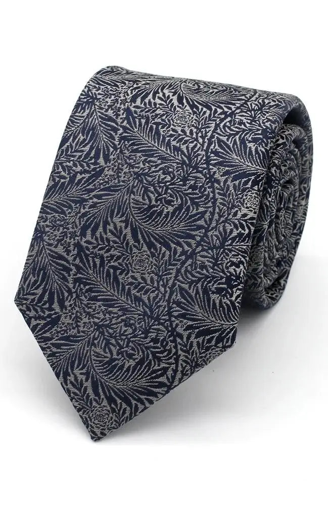 L A Smith Navy Blue and Silver Delicate Leaves Tie and Pocket Square Set - Perfect for Weddings, Business Meetings & Formal Events