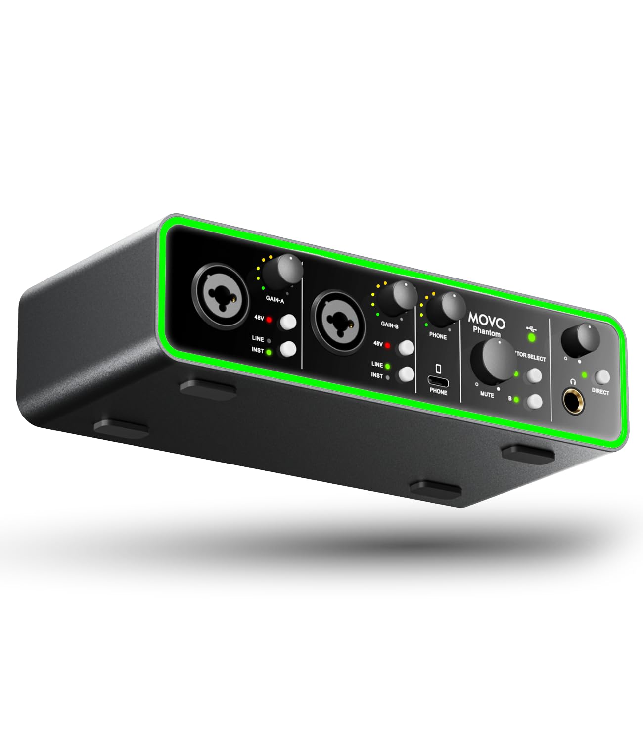 Movo Phantom Dual Channel USB/USB-C Audio Interface - Professional Recording, Podcasting & Music Production with Smartphone USB-C Input - Perfect for Home Studios, Live Streaming & Content Creation