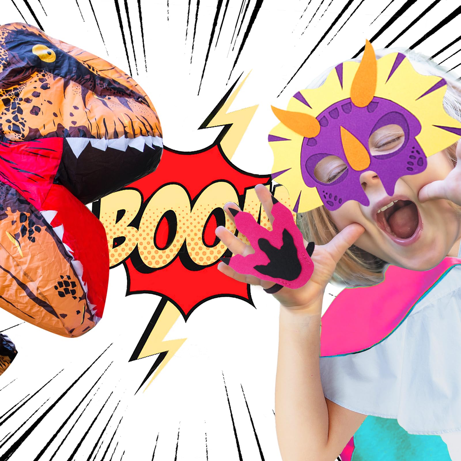 iROLEWIN Kids Dinosaur Costume Set - 3 Pack Dragon Capes with Tails, Dino Masks & Claws for Dress Up, Halloween Party, Pretend Play - Perfect Gift for Toddlers & Children