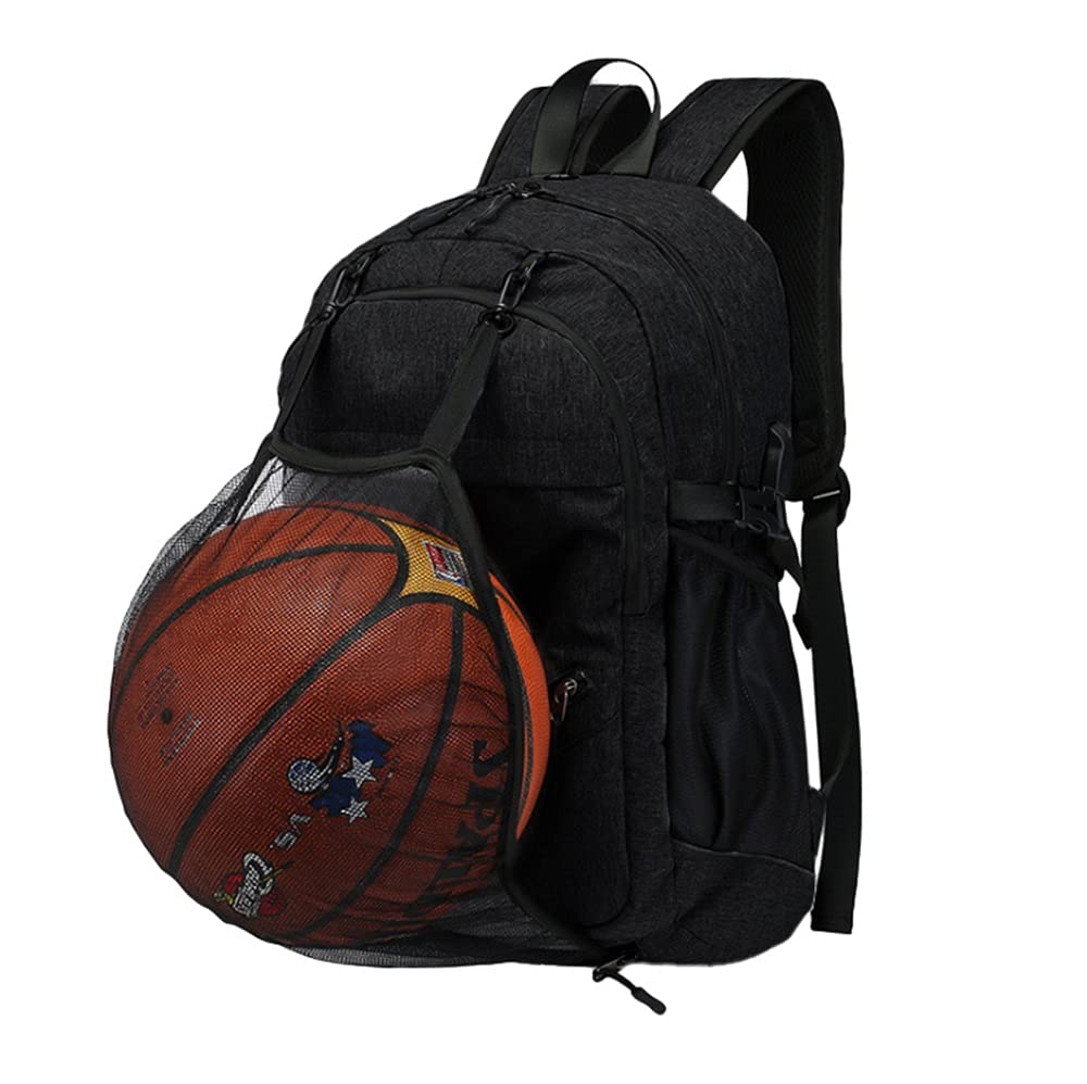 Basketball Backpack for Men - Large Capacity Sports Bag with Laptop Compartment, Ball Storage & USB Charging Port - Durable Gym Backpack for Workout, Travel and Daily Use (Black)