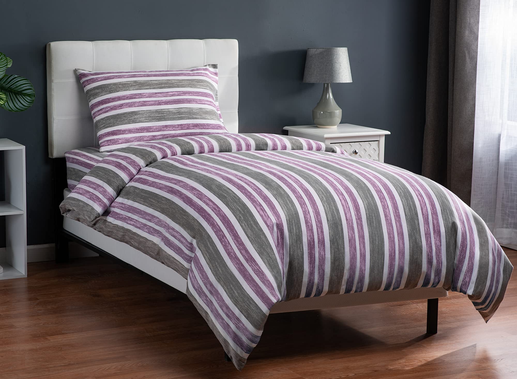 XLNT Twin Size Bedding Set - 6 Piece Duvet Cover, Comforter Cover, Bed Sheet & Pillowcases | Soft Cotton Blend | Machine Washable | Cabana Stripe Lilac Design | Perfect for Kids Rooms, Guest Beds & Dorm Decor