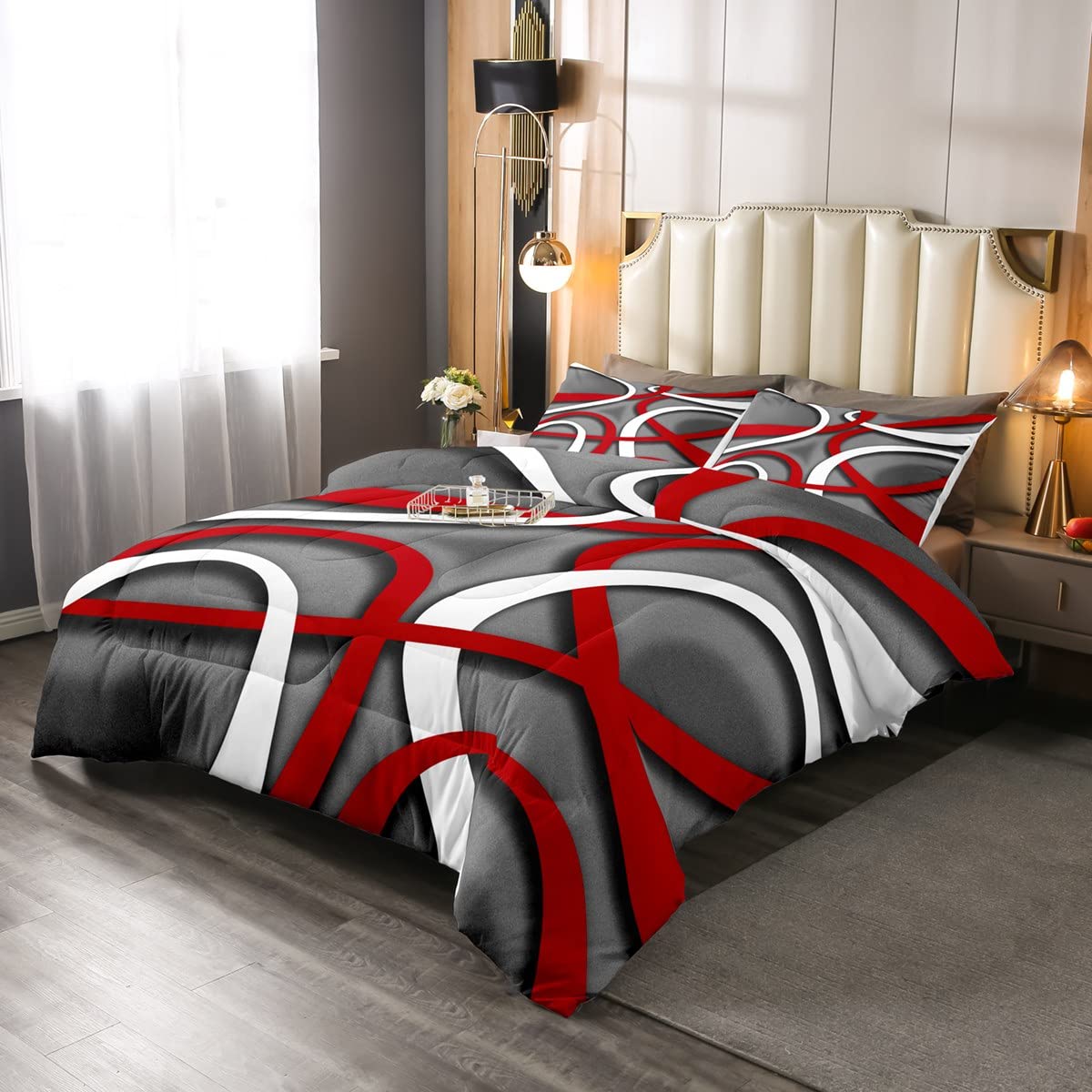 Erosebridal Geometric Stripes Comforter Set - Grey White Swirls Stripe Queen Size Bedding for Kids, Teens & Adults | Abstract Art Duvet Cover with Black Red Geometry Circles | Perfect for Modern Bedroom Decor, Guest Rooms & Dorm Essentials