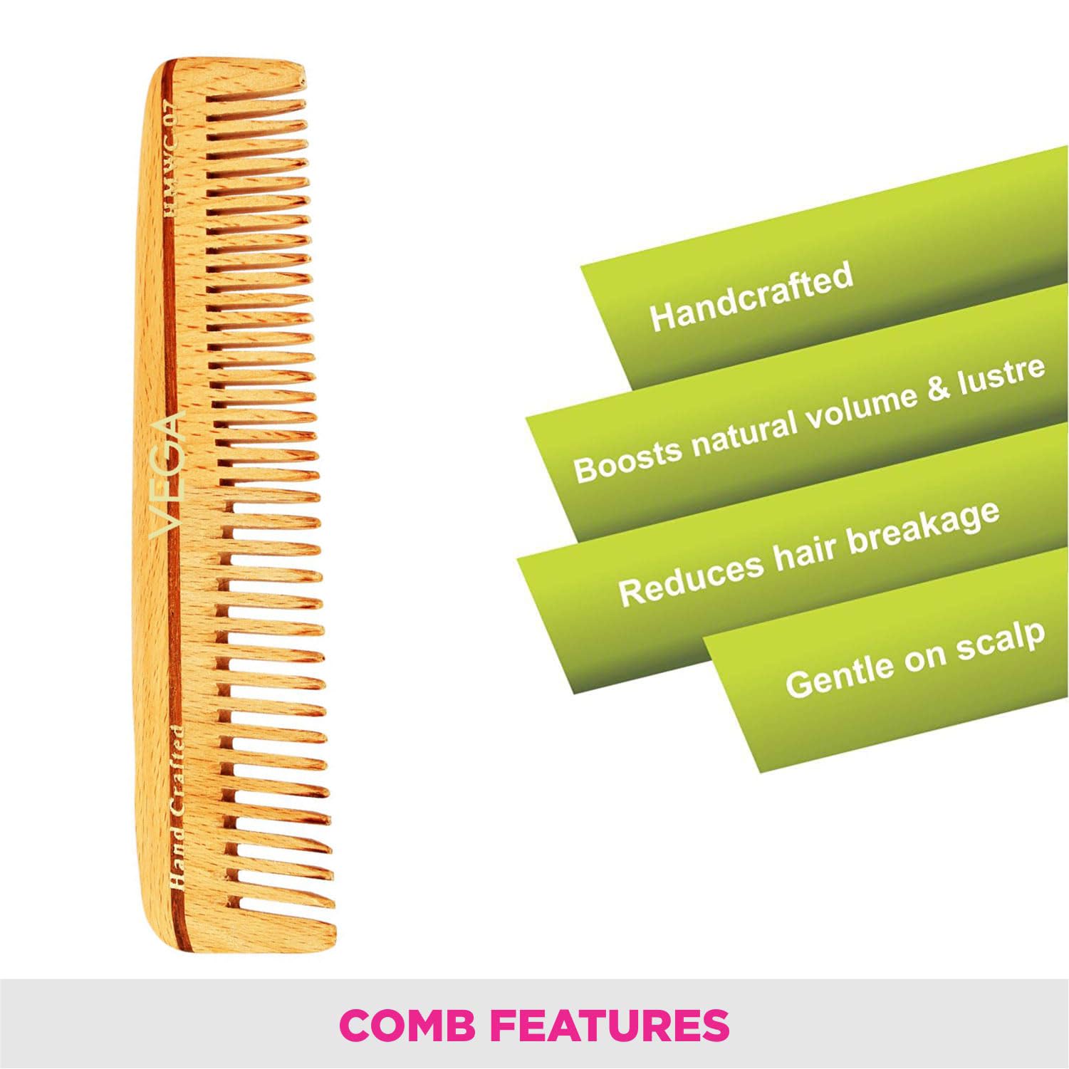 Vega Pocket Wooden Hair Comb - Handmade Natural Wood Comb for Men & Women - India's No.1 Hair Comb Brand (HMWC-07) - Perfect for Travel, Home & Salon Use